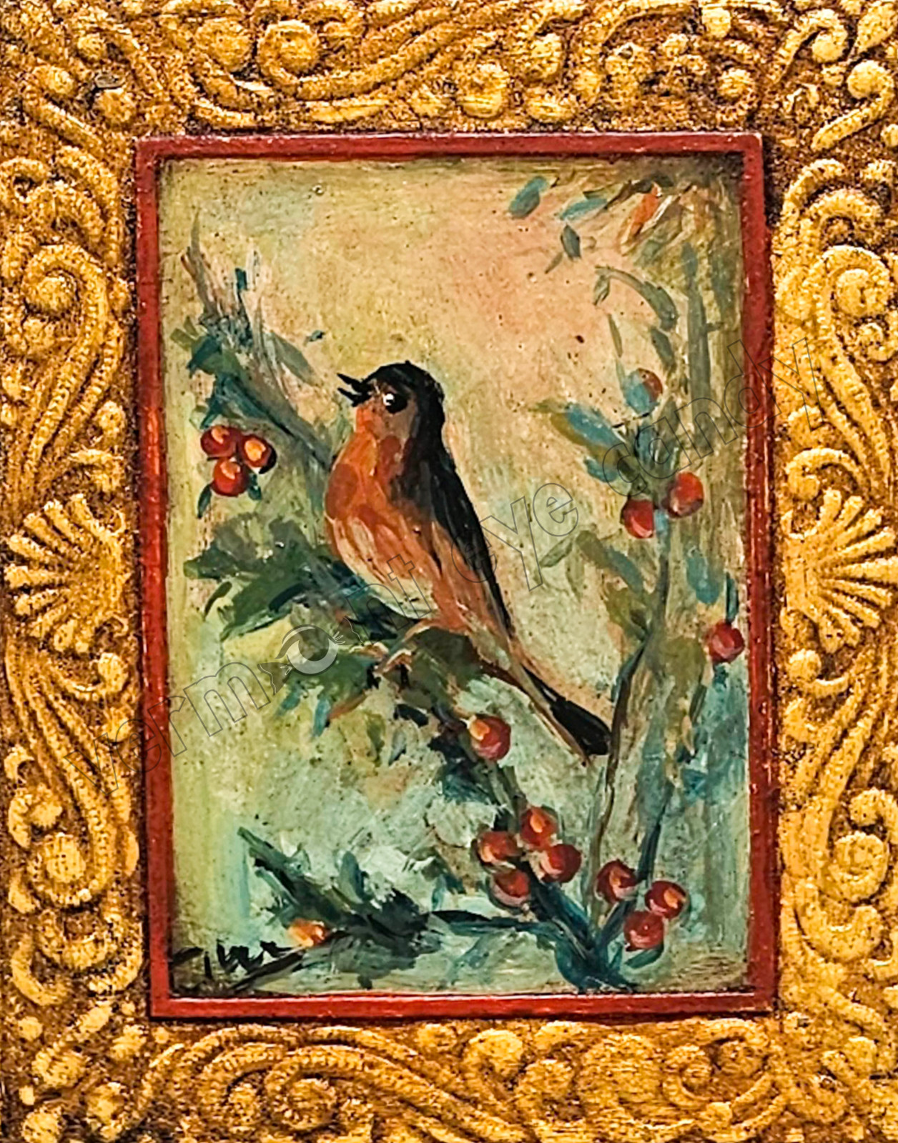 Robin on Berry Branch Bird Wall Art Instant DIGITAL Print at Home Botanical