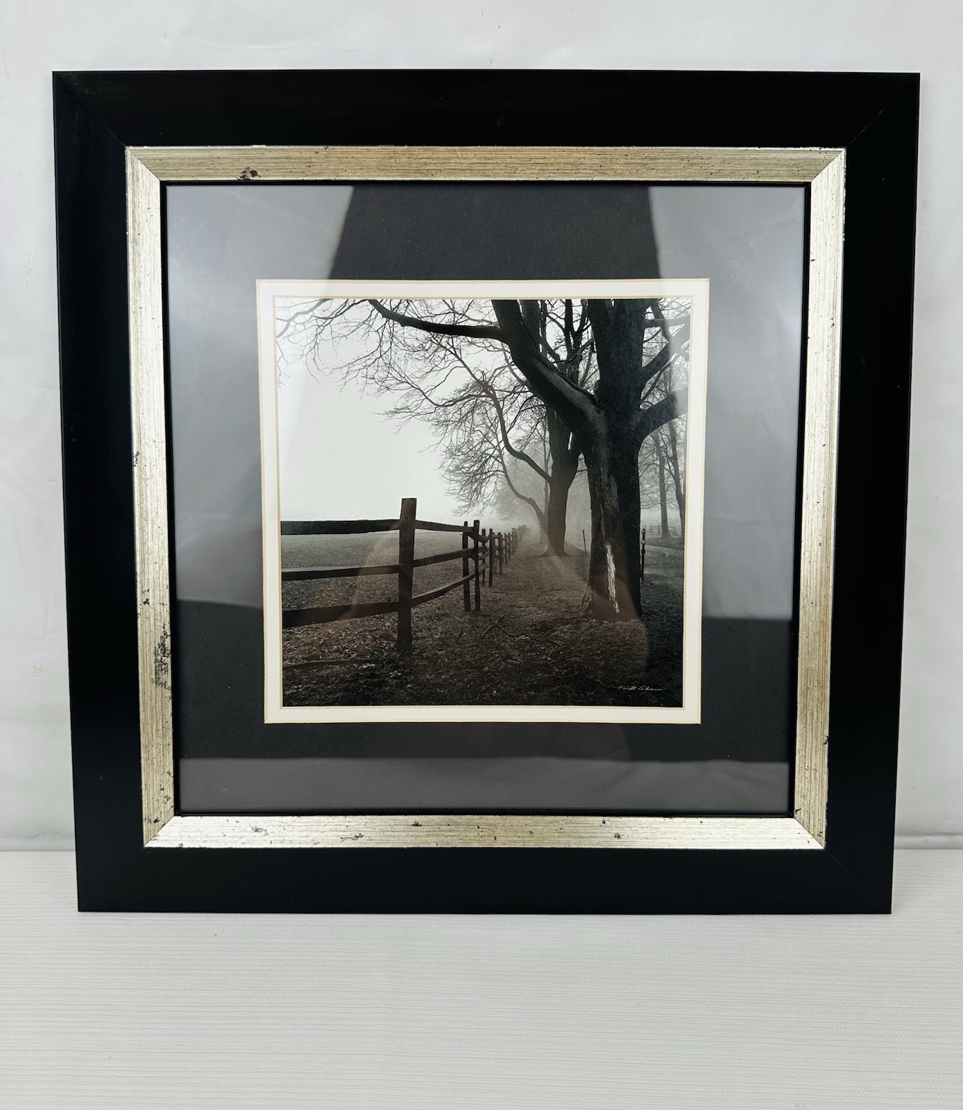 15” Harold Silverman “Corner Fence” Matted Black Framed Art Foggy Moody Serene