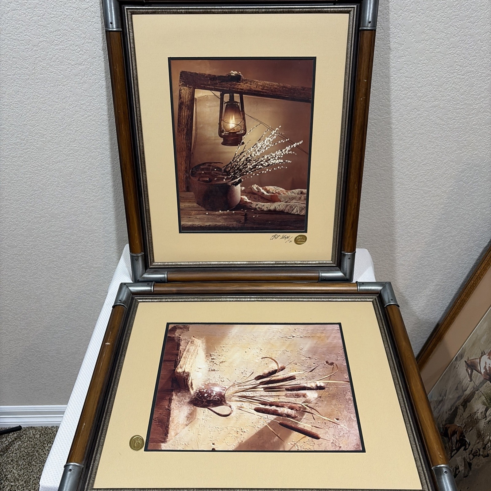 Set of (2) Signed 1971 Art Gore Prints w/ Wax Seals in Wooden Frames