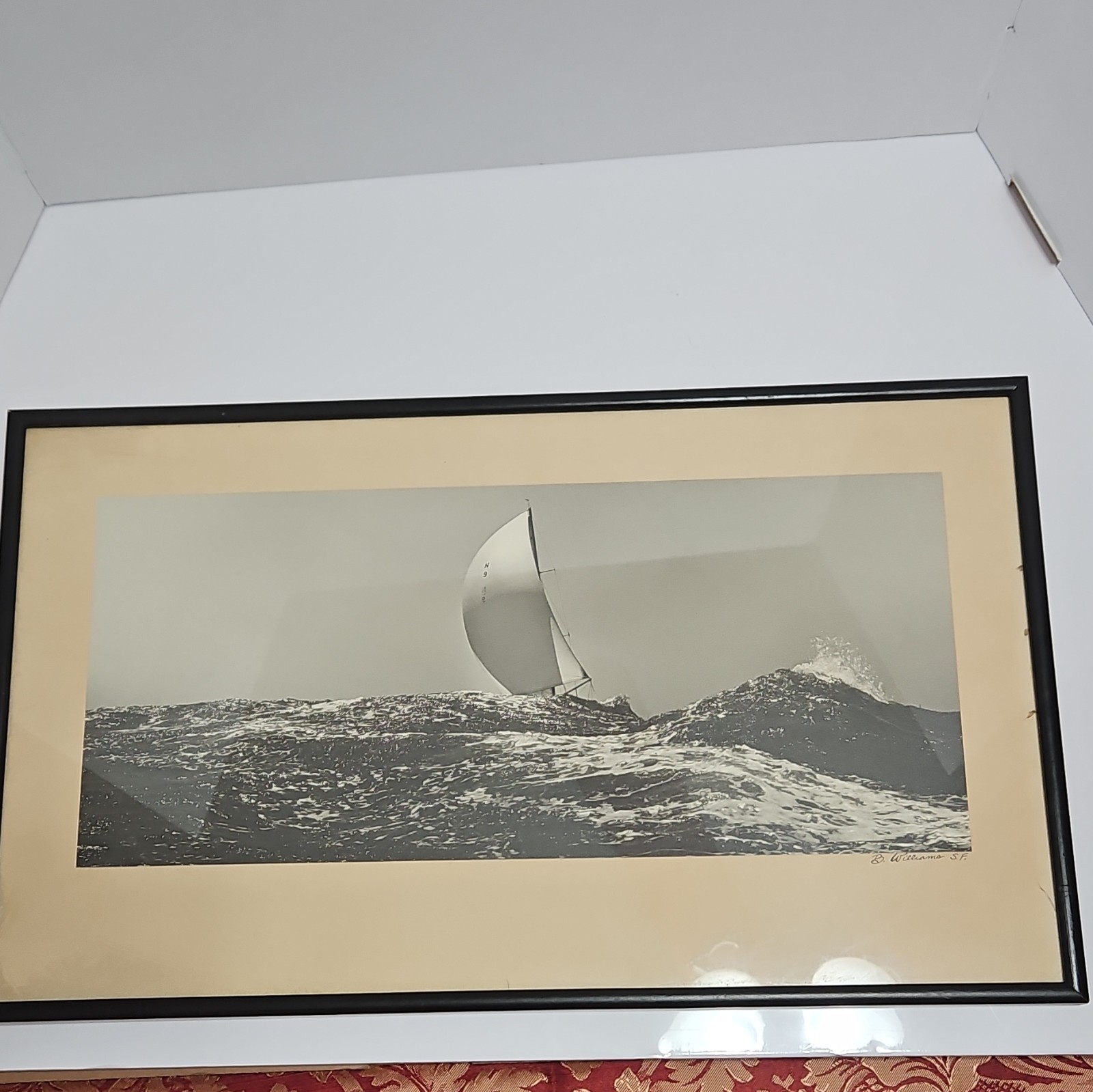 B. Williams Signed Black & White Sailboat Seascape Photo Framed Matted Landscape