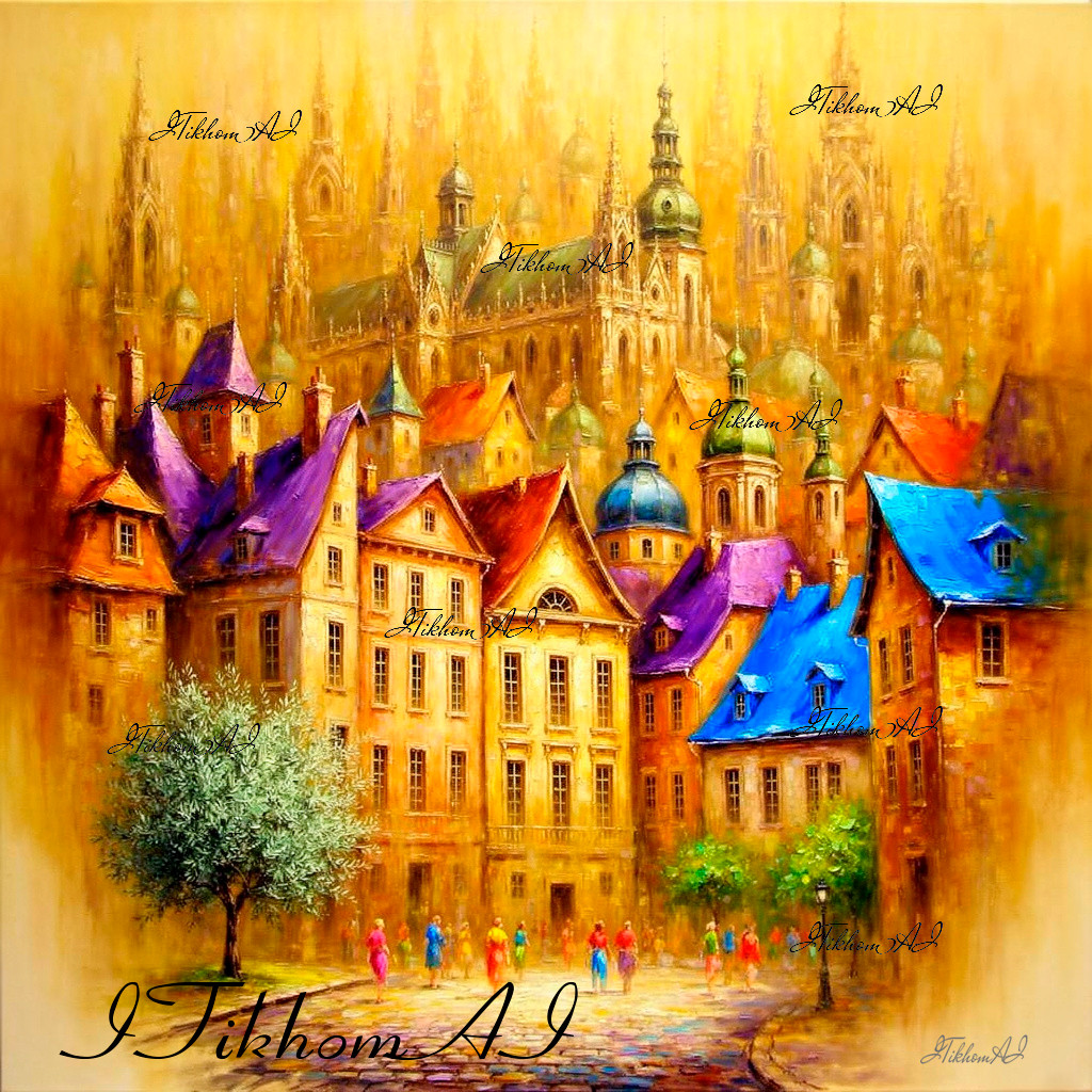 Digital Art Image Painting Gold Cityscape Houses Trees People Wallpaper Desktop