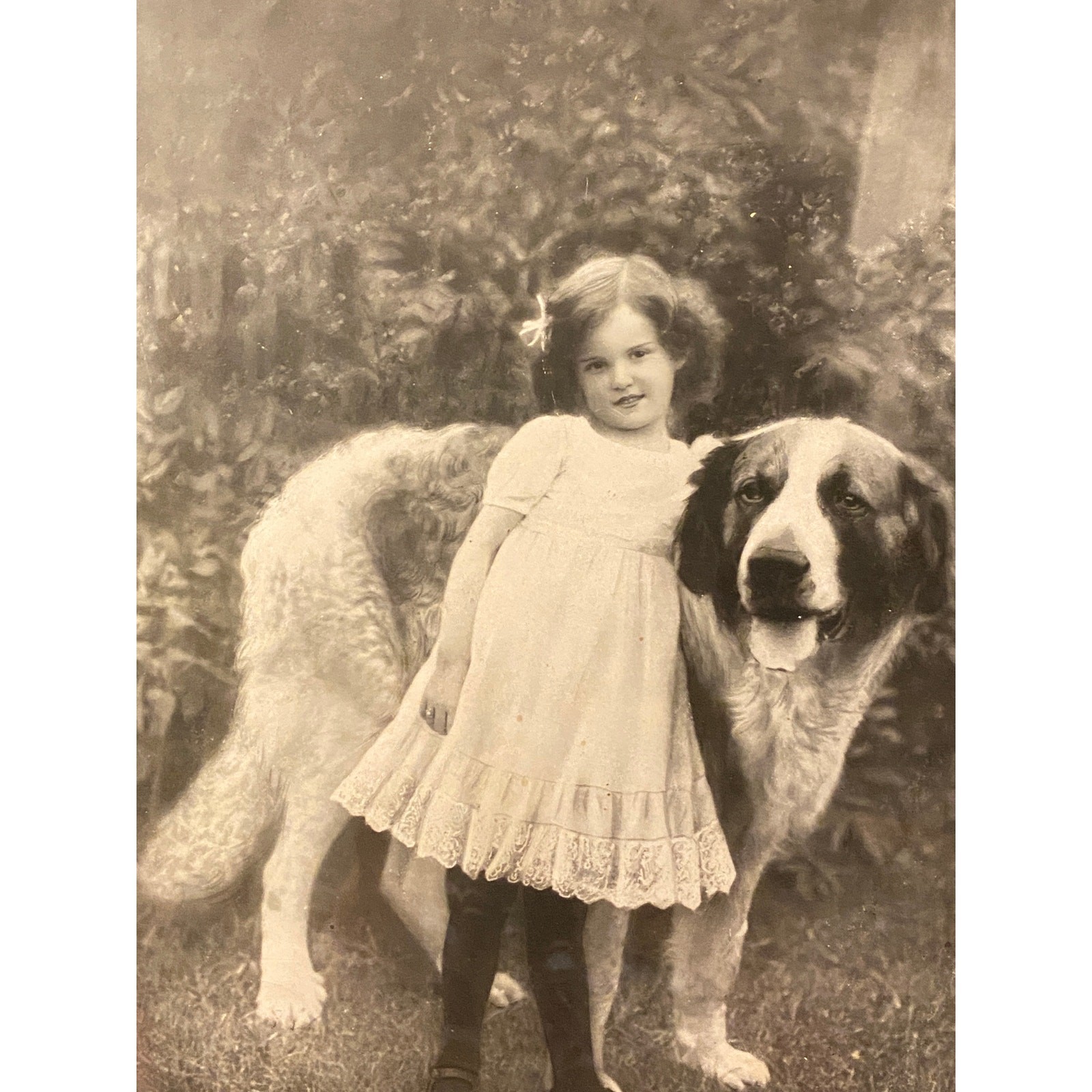 Antique b/w photo late 1800s Girl & Dog “The Old Guard” heavy old wood frame EVC