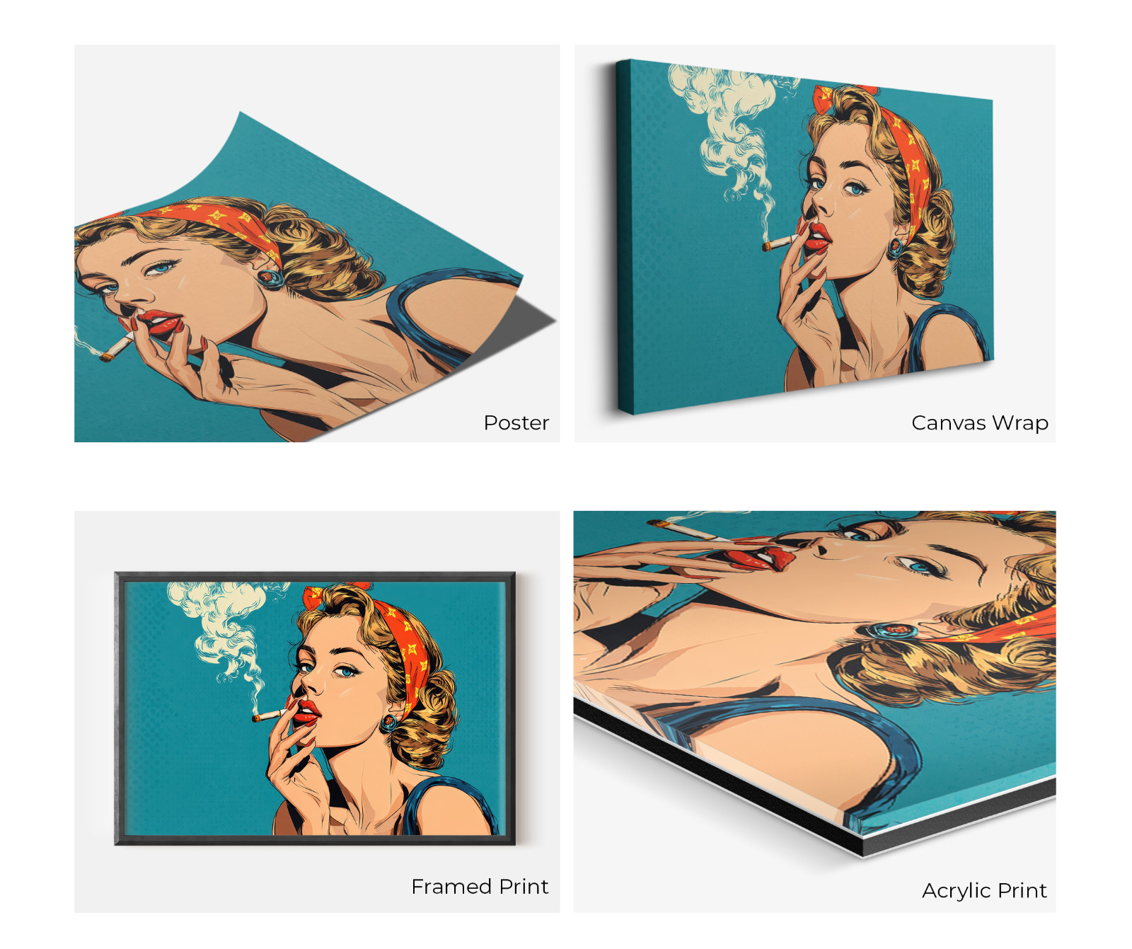 Retro Pop Art Woman Smoking, Vintage Comic Print, Stylish Red Lipstick Painting