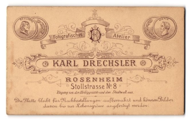 Photograph Karl Drechsler, Rosenheim, Stollstr. 8, Photographer’s Monogram, Mü