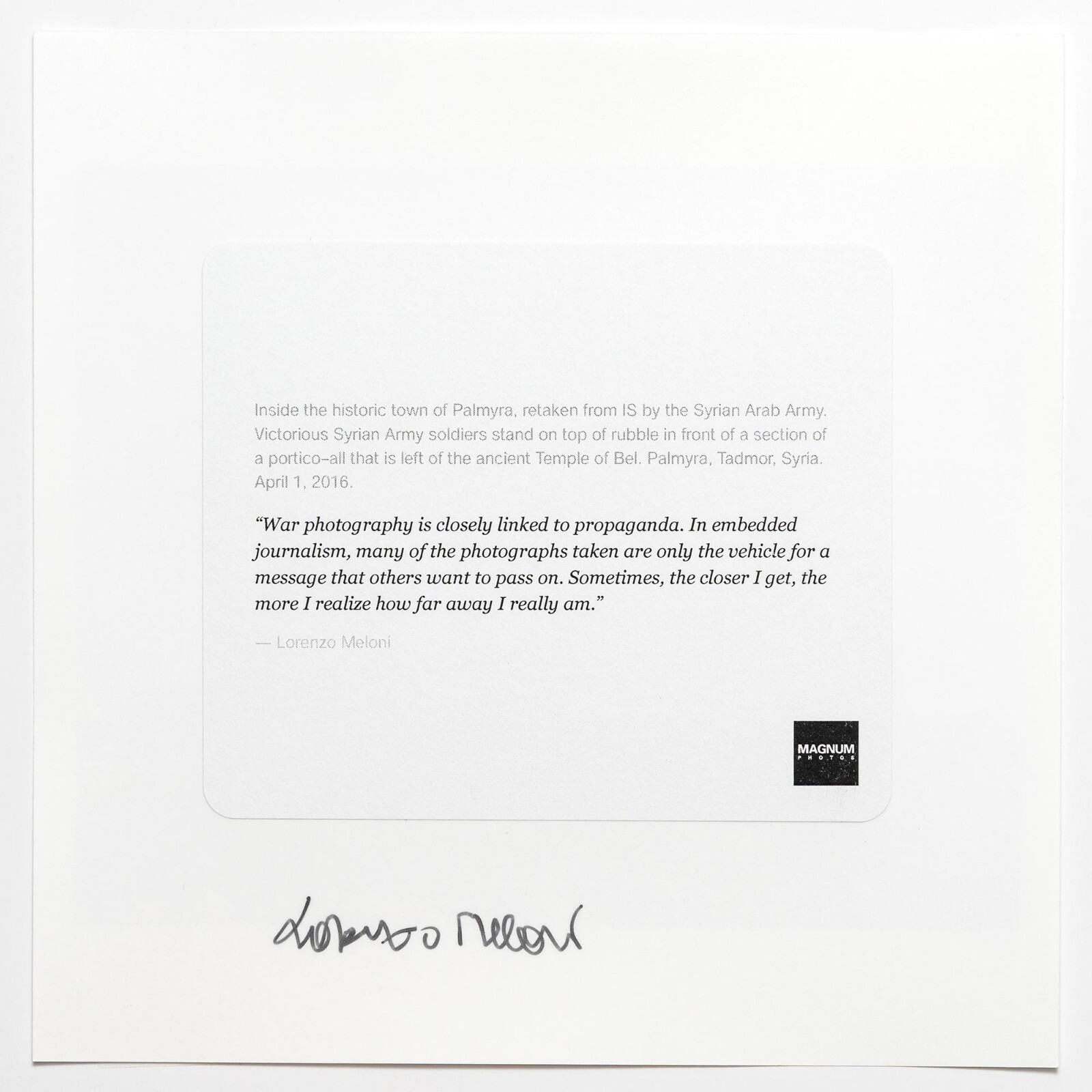 SIGNED Lorenzo Meloni Photo – Palmyra, Syria. 2016. Magnum Square Print 6×6″