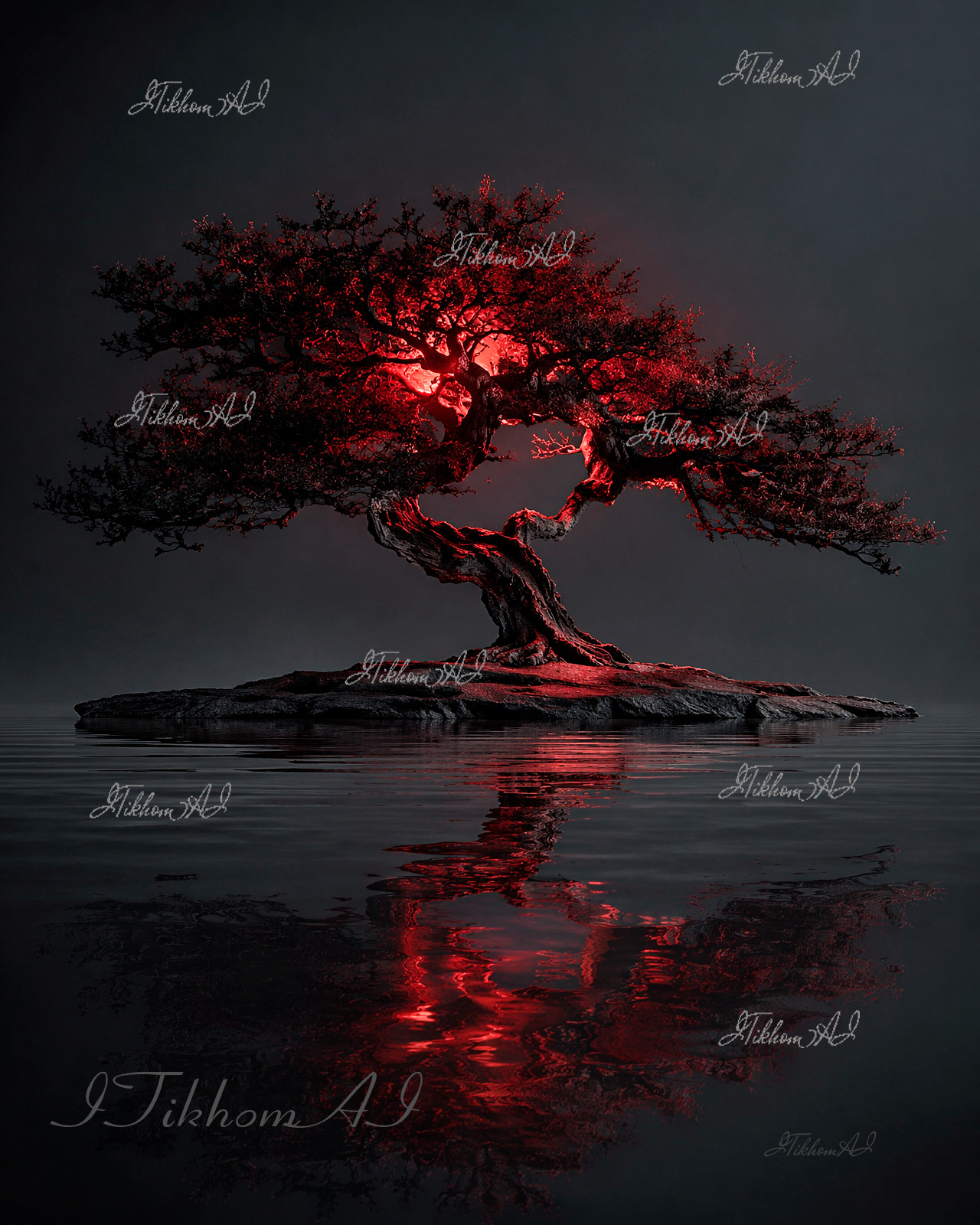 Digital Art Pictere Tree Island Lake RedLight Night Reflection Wallpaper Desktop