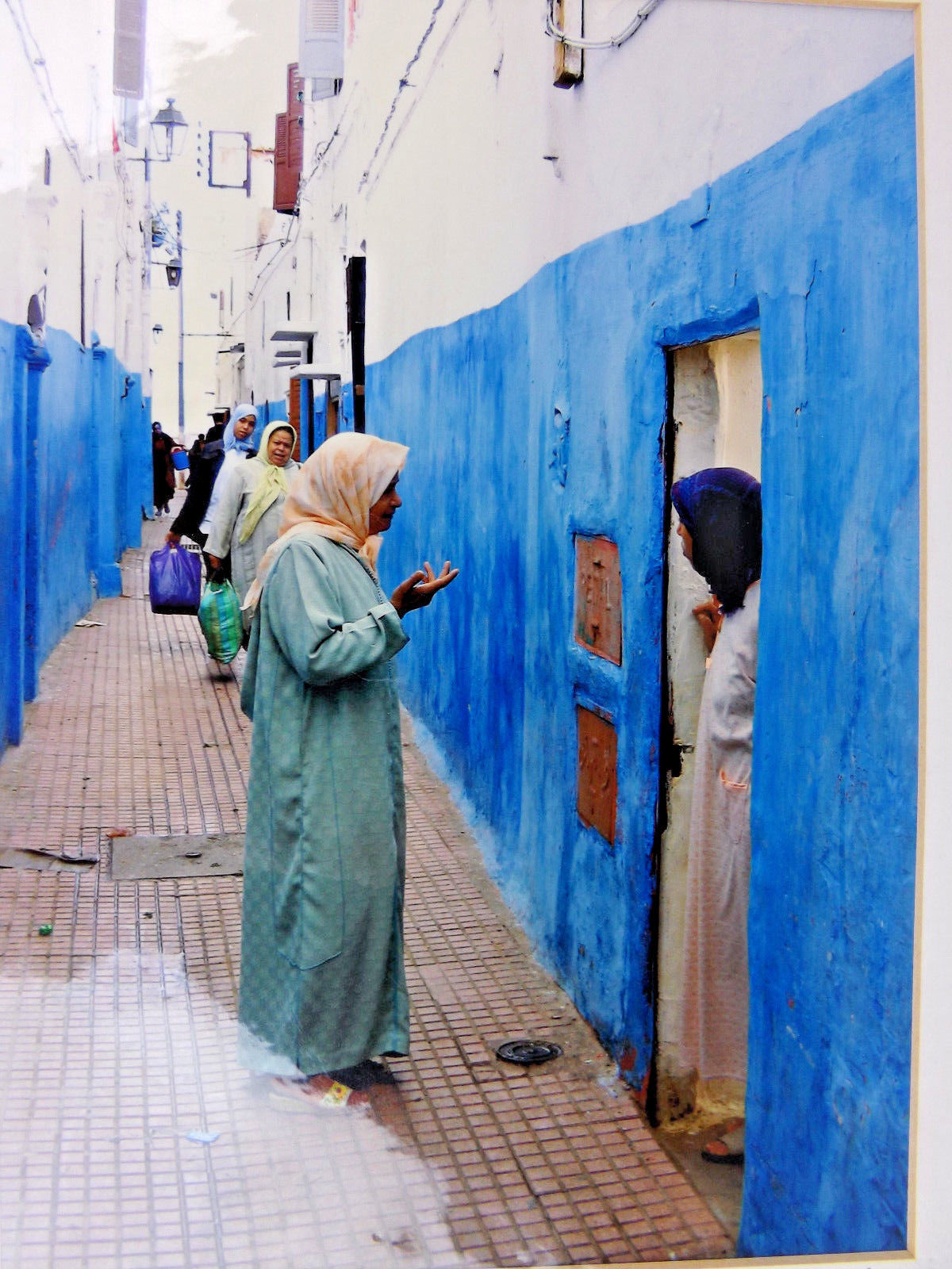 Kasbah Rabat Morocco Color Photo Women Blue Alley Tile 11″ x 14″ Bert Friedman
