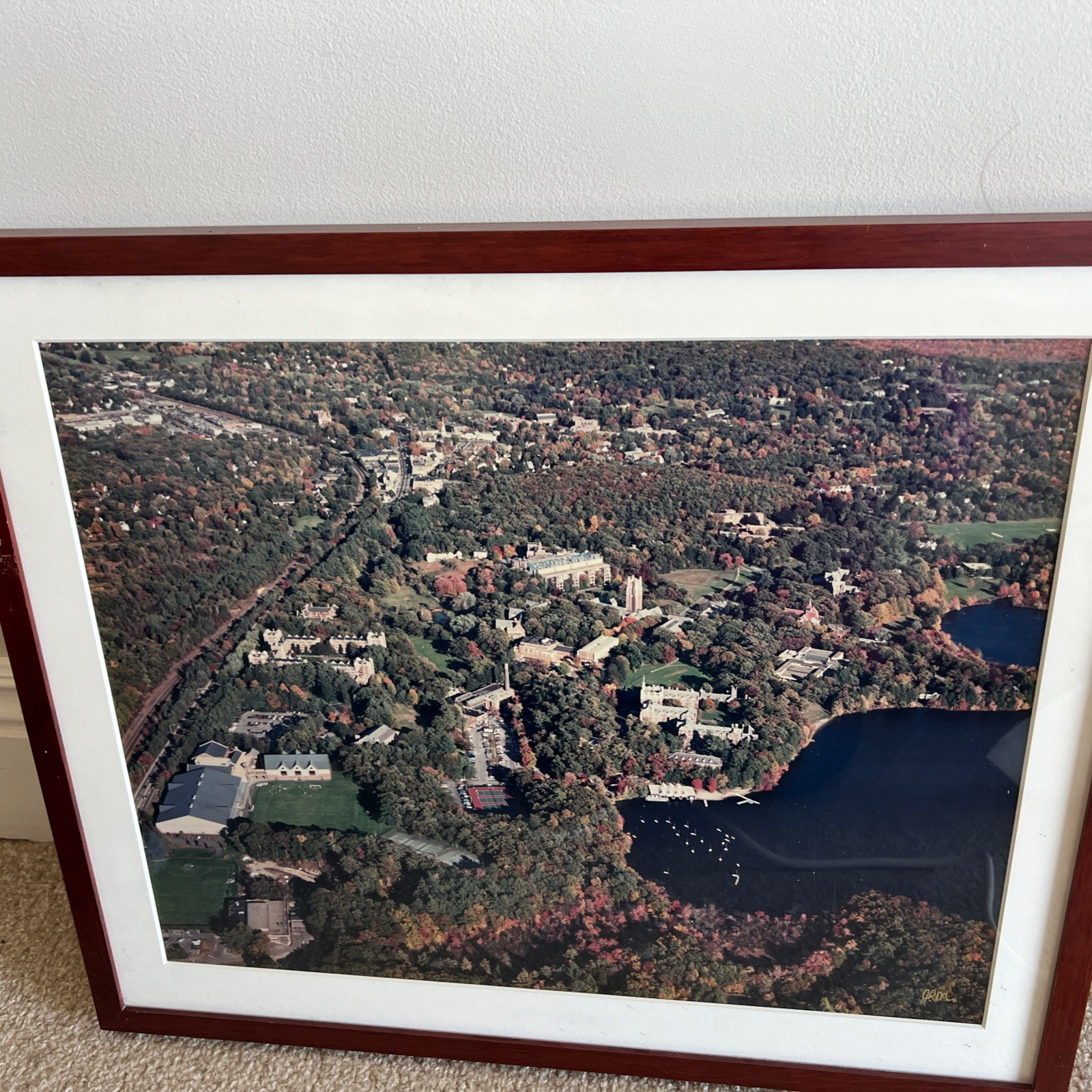 Vintage large JRM framed aerial photo WELLESLEY COLLEGE Wellesley MA Lake Waban