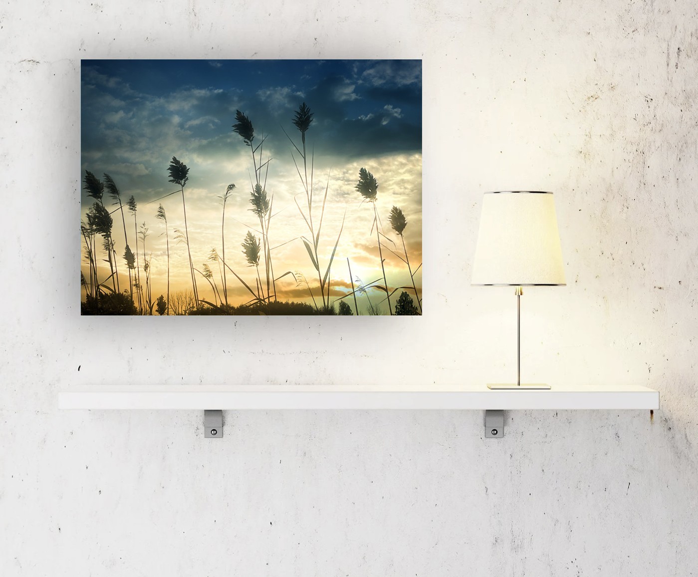 Blooming Cattails Willows Silhouette Sunset Beige Gold Blue Abstract Art Photo
