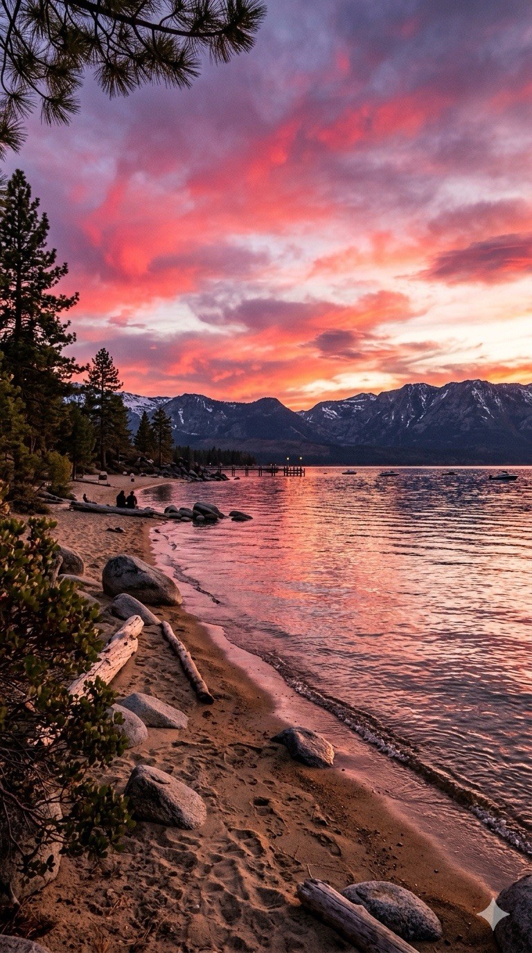 Landscape Photograph Portrait AI Color Sunset Over Mountain Lake Tahoe Sunset
