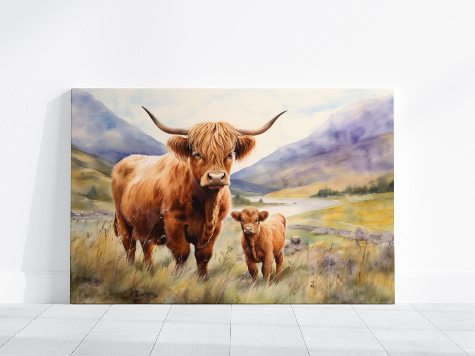 Highland Cow Wall Art, Scottish Highland Cow Calf Print, Rustic Farmhouse Canvas