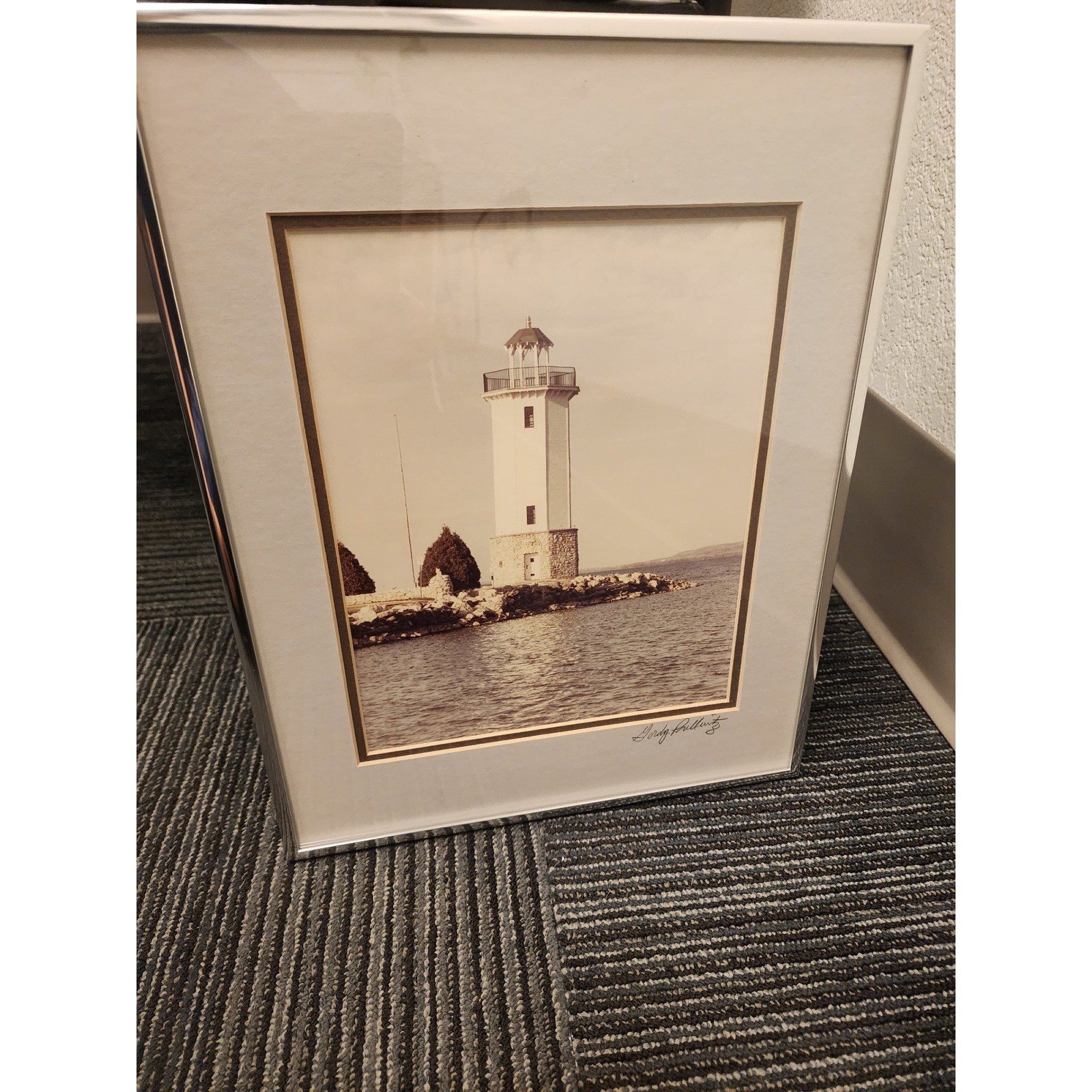 Gordy Pullwitz Signed Lighthouse Photograph Framed Sepia Nautical Coastal Art
