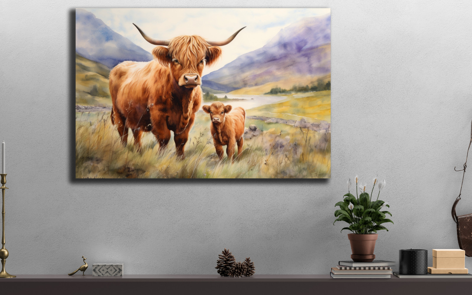 Highland Cow Wall Art, Scottish Highland Cow Calf Print, Rustic Farmhouse Canvas