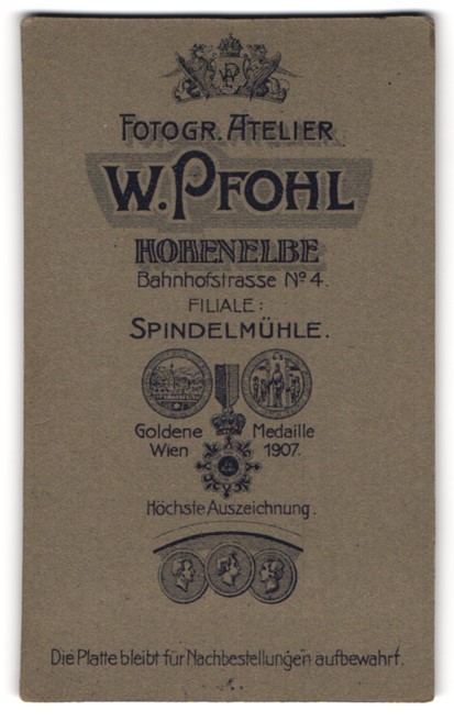Photograph W. Pfohl, Hohenelbe, Bahnhofstr. 4, monogram of photographer in royal