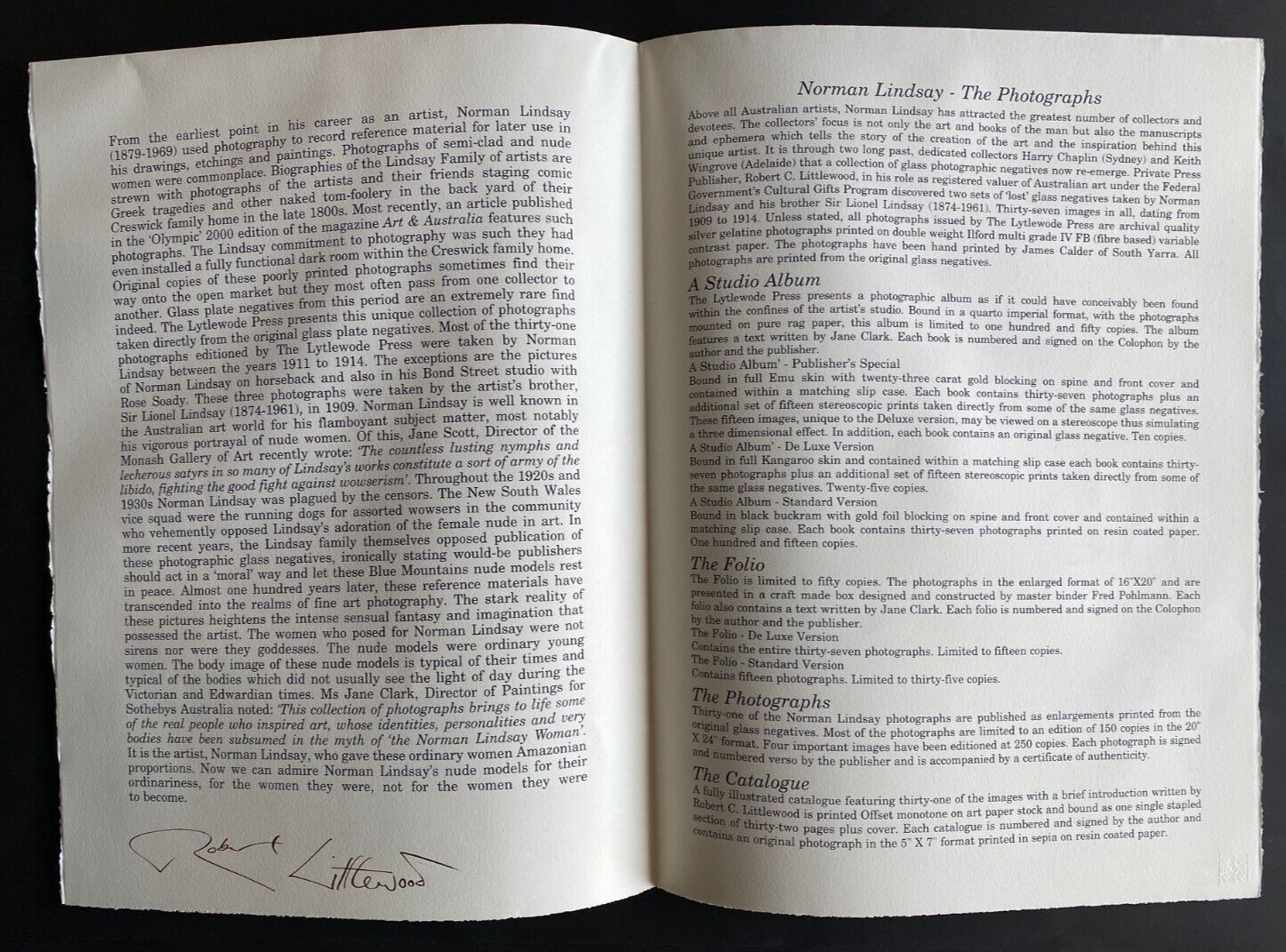 2000 1st SIGNED, THE PHOTOGRAPHS PROSPECTUS Norman Lindsay w 2 ORIGINAL PHOTOS