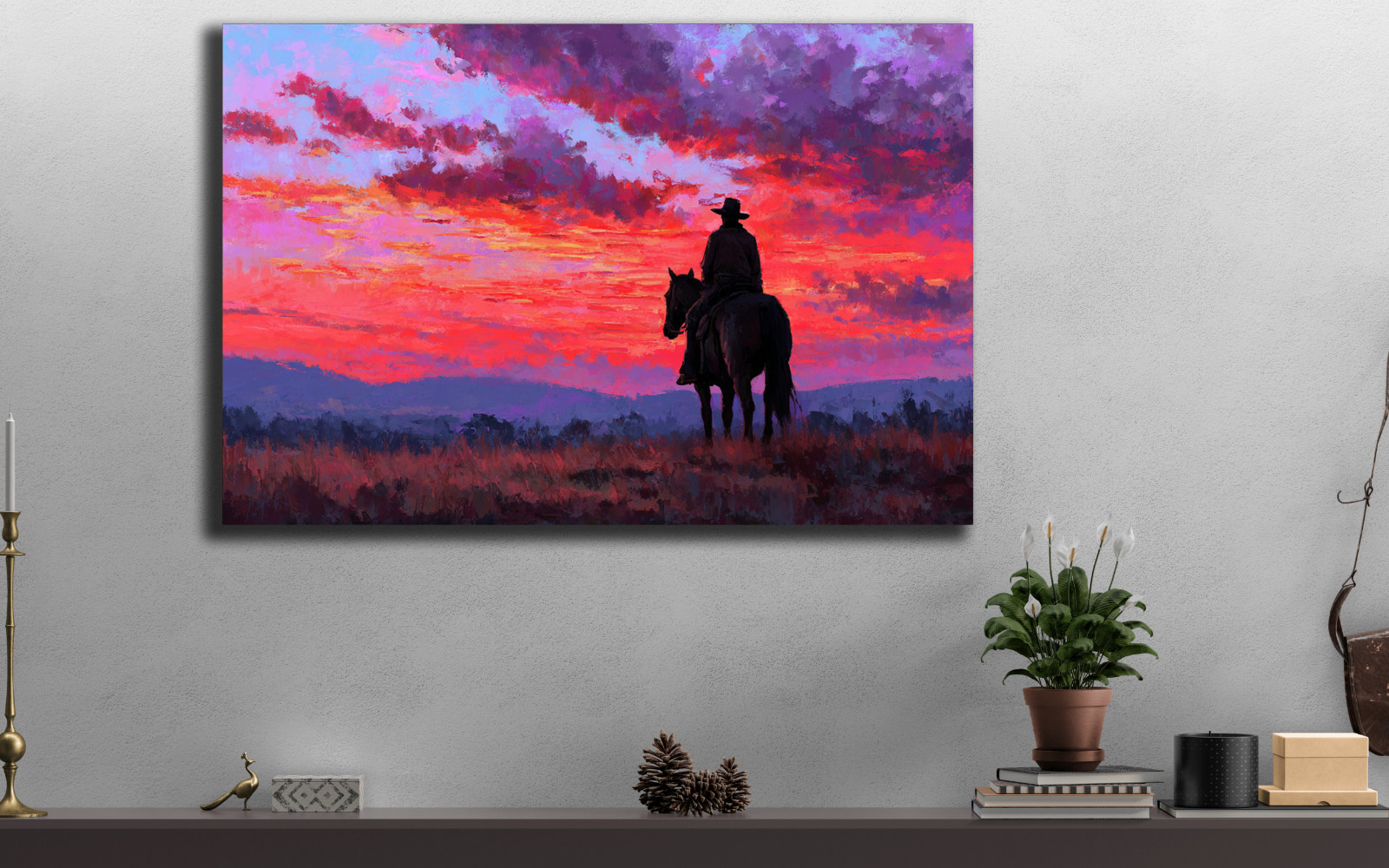 Cowboy on Horseback Sunset Art, Western Ranch Painting, Rustic Country Canvas
