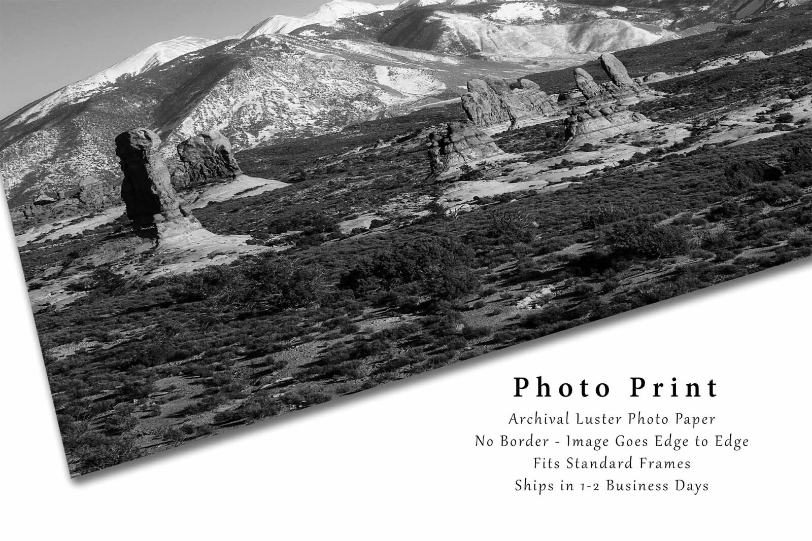 Arches Photography Print – Black and White Picture of La Sal Mountains in Utah