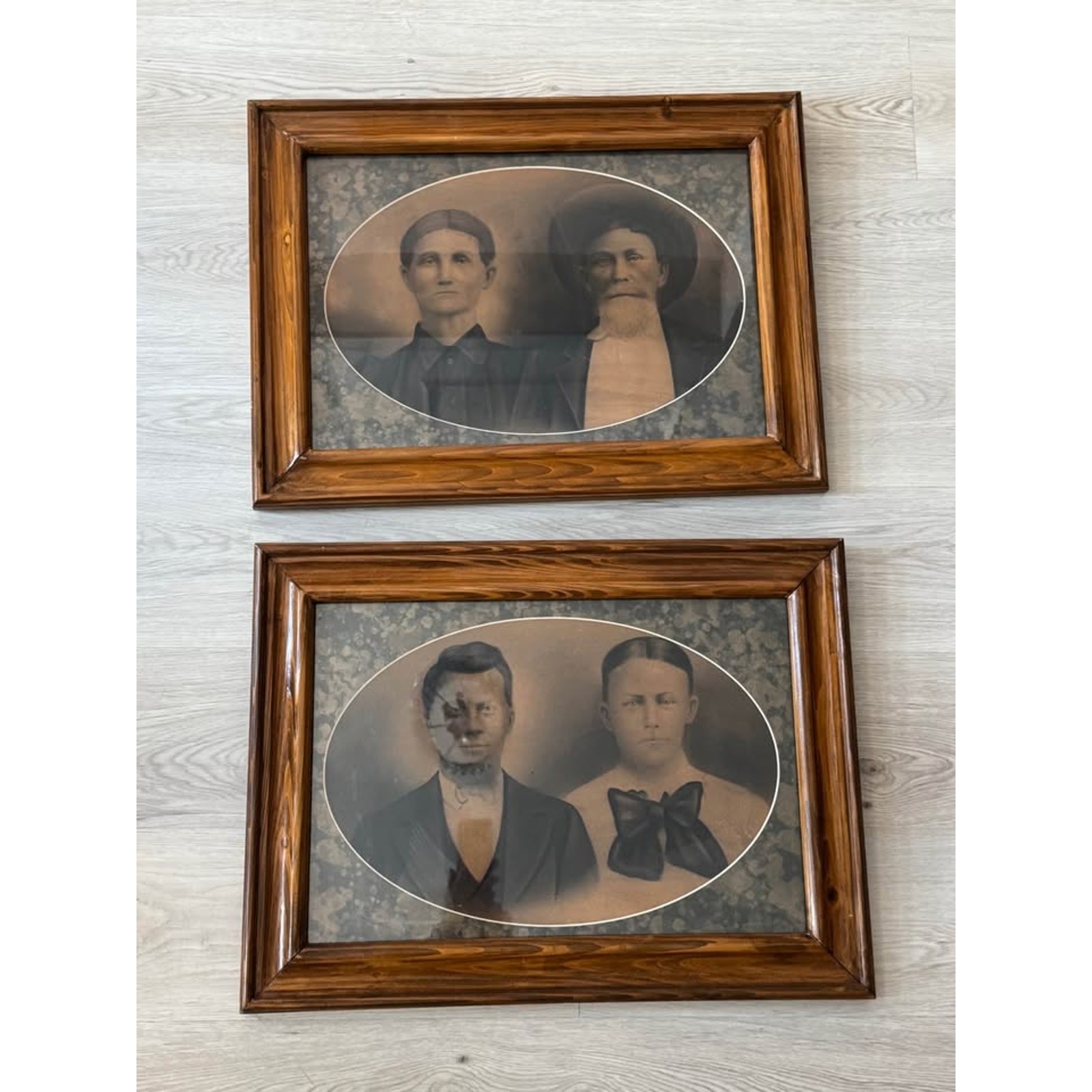 Large Pair of Antique Late 19th Century Wood Framed Family Portraits Wall Decor