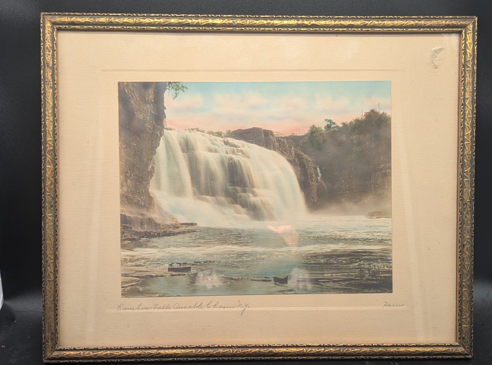 Vintage Framed HARRIS Hand Painted photo Circa early 20TH century Ausable Chasms