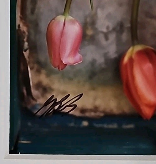 Gordon Bruno Art Photograph Pink Tulips in Metal Vase Hand Signed Matted 11×14″