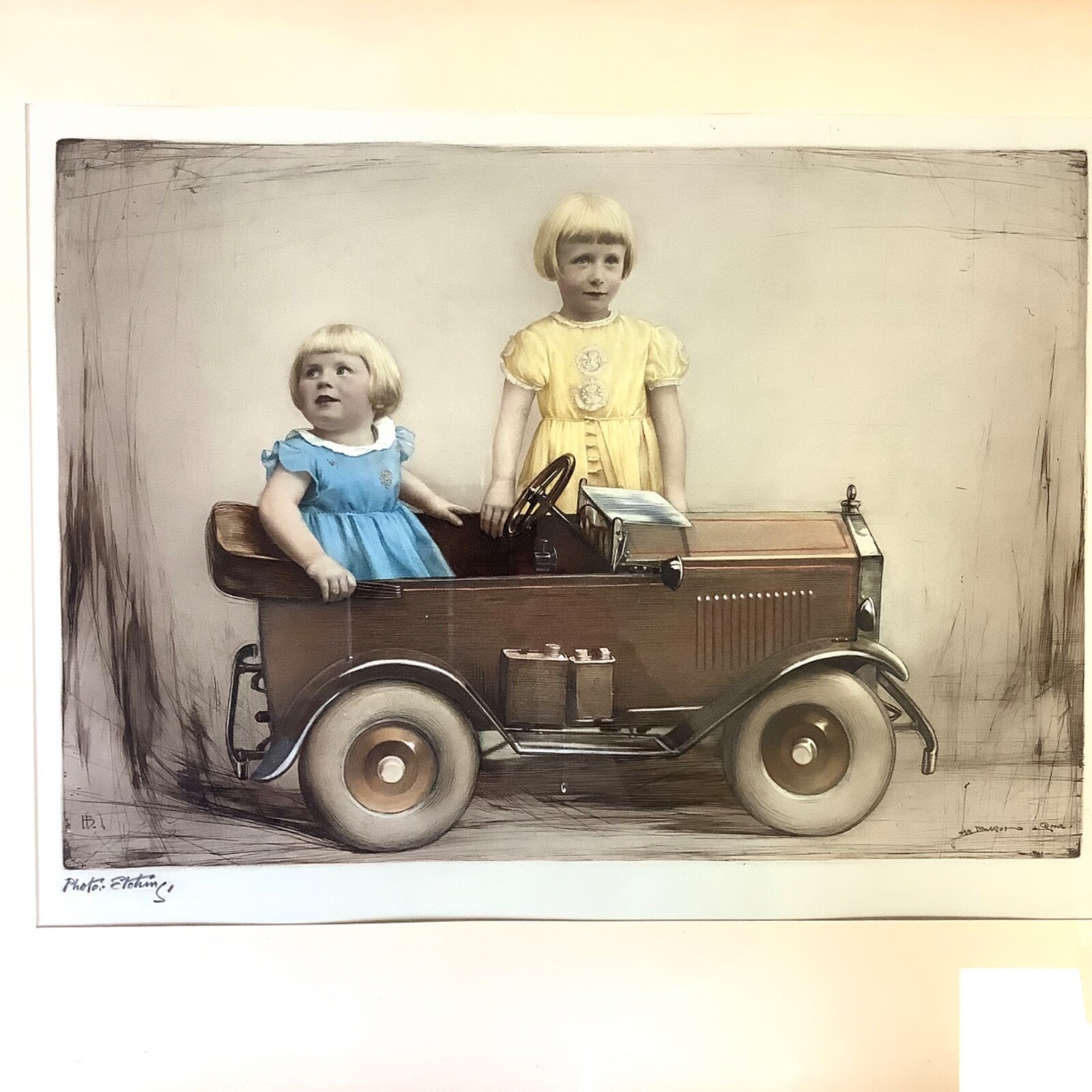 1930s Hand Tinted Photo Etching Engraving Girls Portrait Auto Car Bacon & Sons