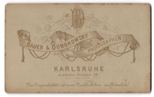 Photograph Bauer & Dombrowsky, Karlsruhe, monogram of photographer and Banderol