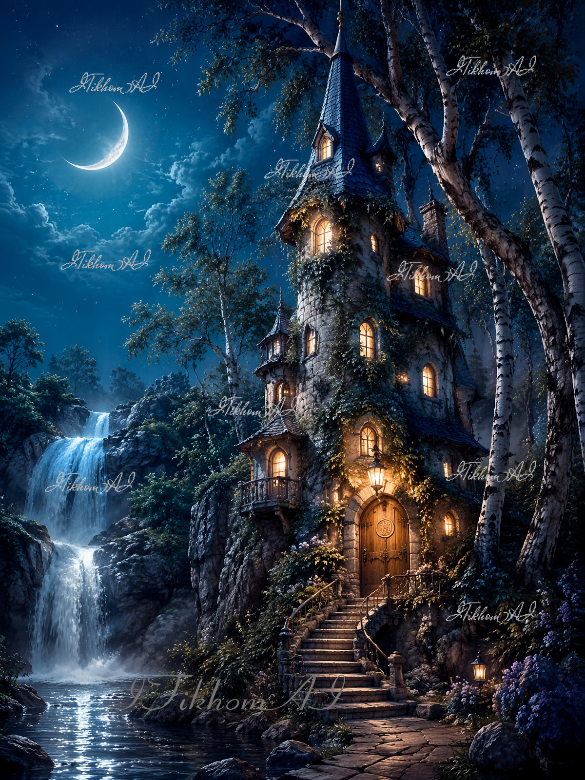 Digital Art Landscape House Trees Night Waterfoll Fantasy Wallpaper Desktop