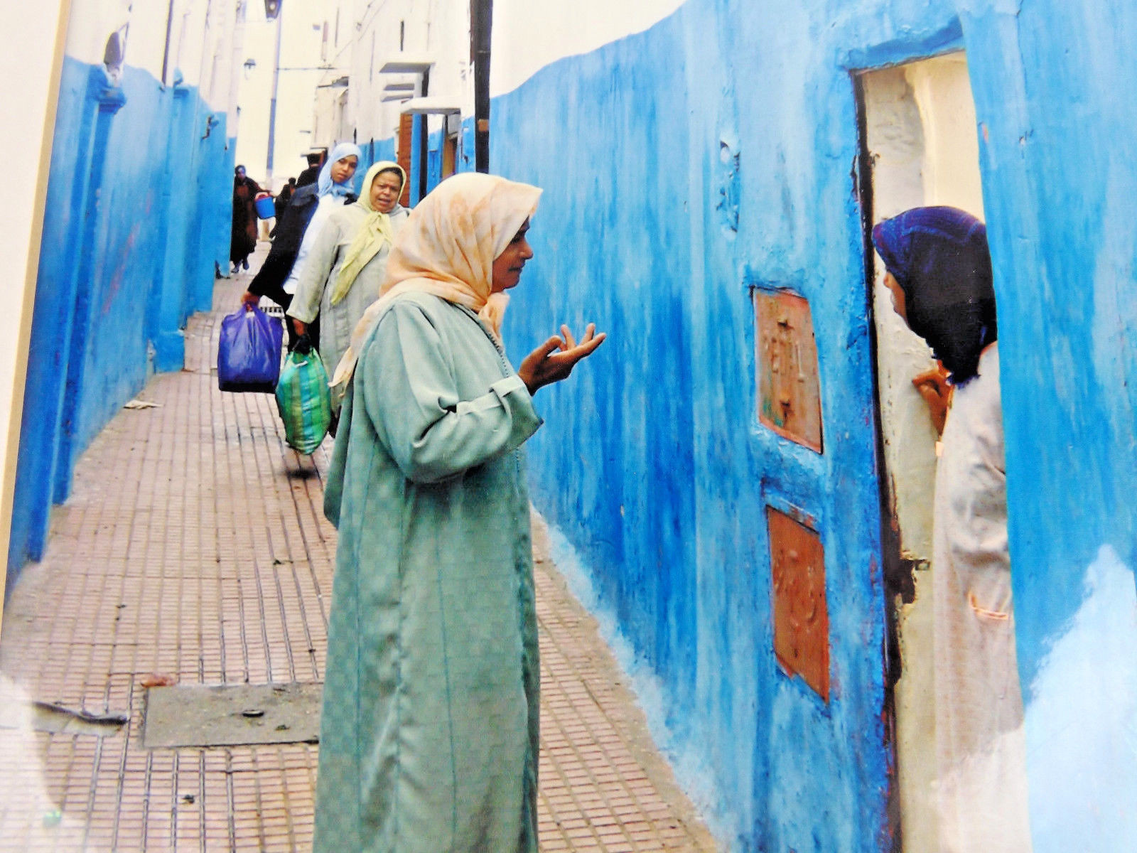 Kasbah Rabat Morocco Color Photo Women Blue Alley Tile 11″ x 14″ Bert Friedman