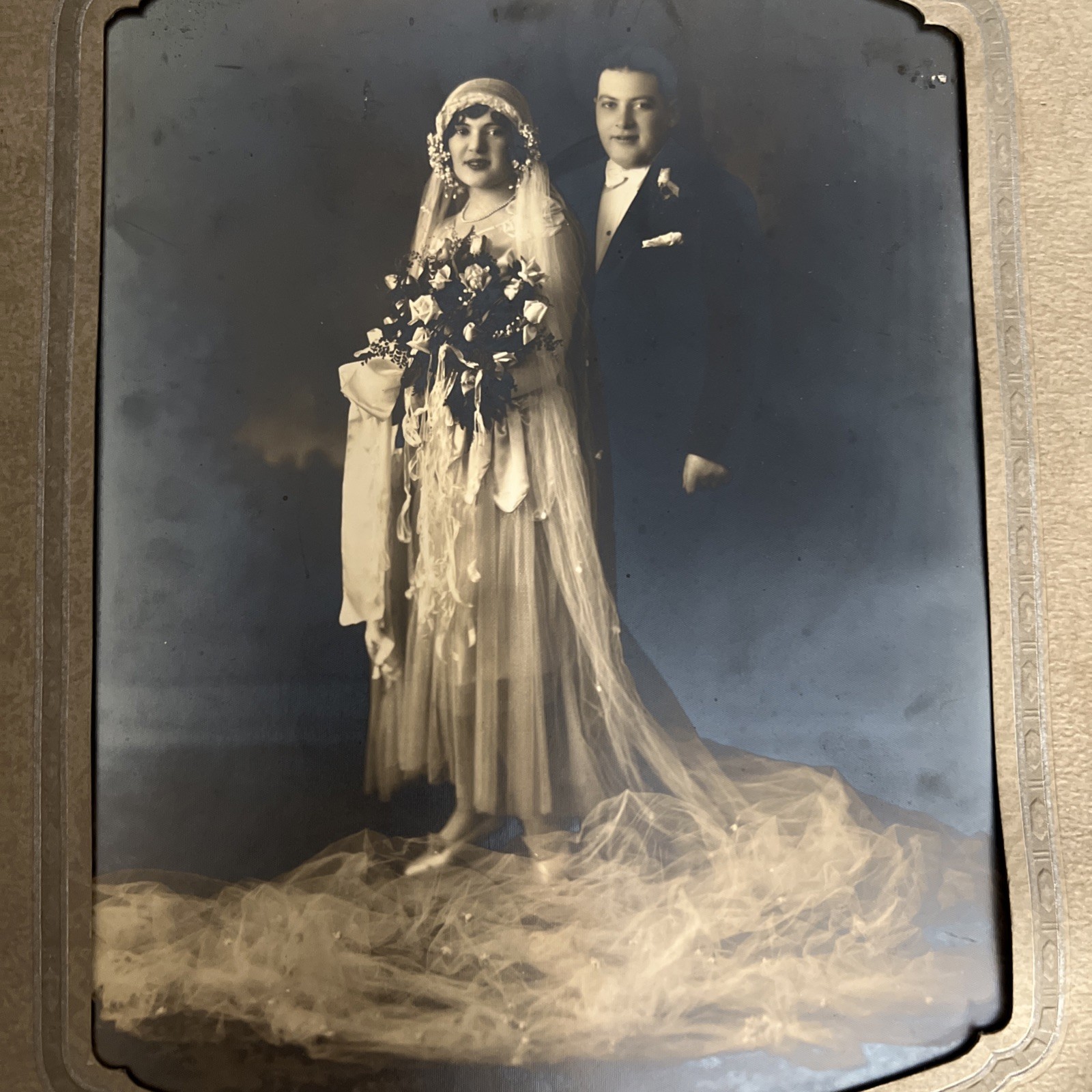 Large Vintage Wedding Photo in Original Studio Mount 1930s-1940s DiMarco Studio