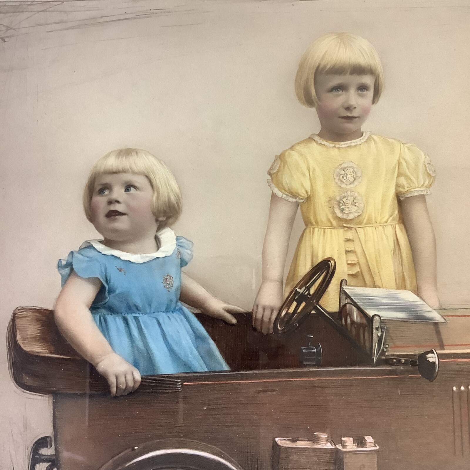 1930s Hand Tinted Photo Etching Engraving Girls Portrait Auto Car Bacon & Sons