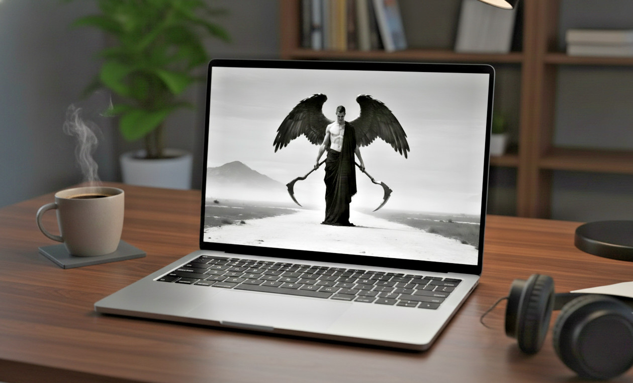 Dark Angel Warrior Scythes Digital Art Download Print Black & White Image PNG