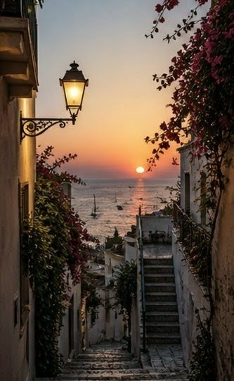 Mediterranean Sunset Alley Digital Download Coastal Aesthetic Wallpaper Europe