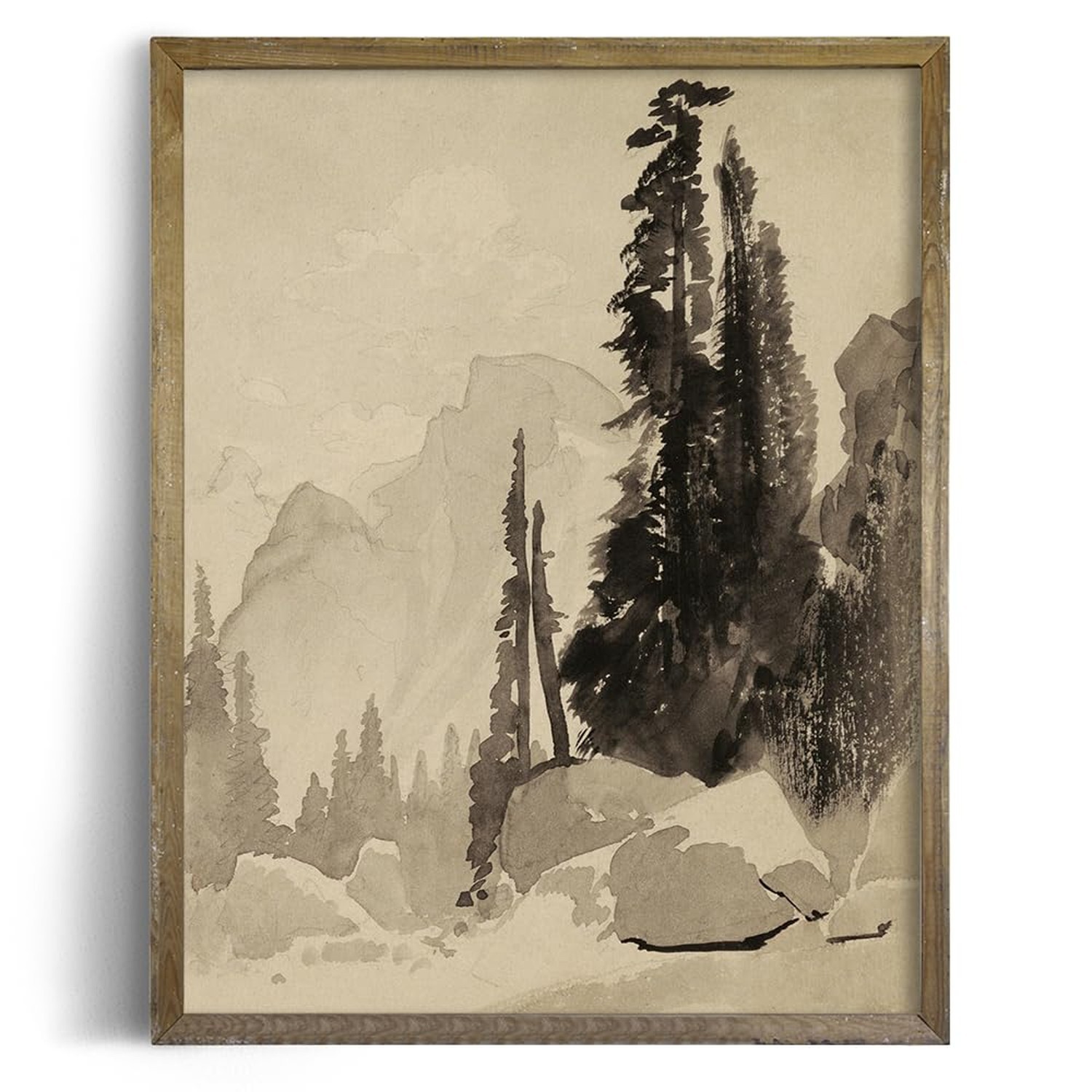 Forest Landscape Drawing Print Poster – Vintage Farmhouse Engrave Line Wall A…
