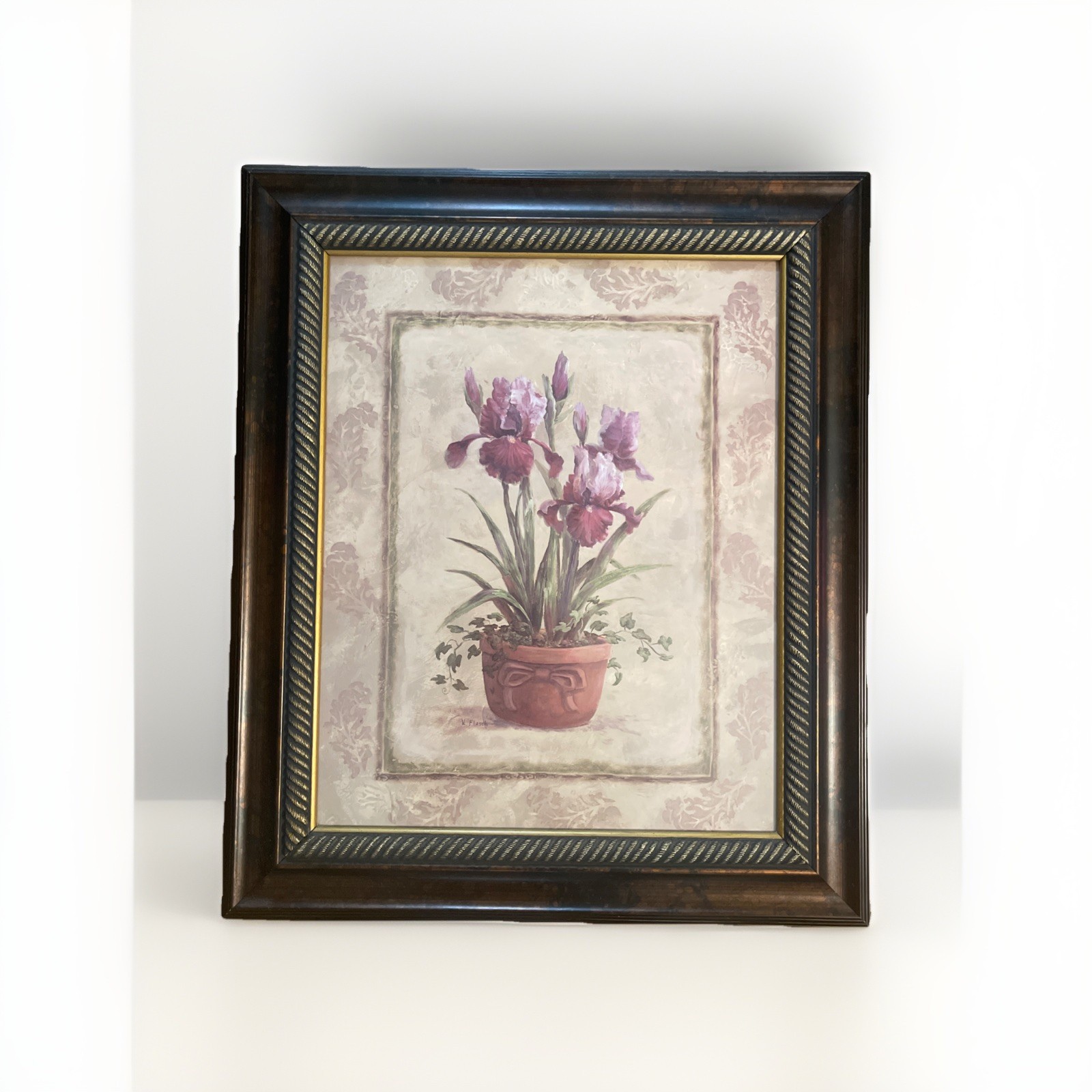 Vintage Large Vase Floral Framed Painted Picture by V. Flasch