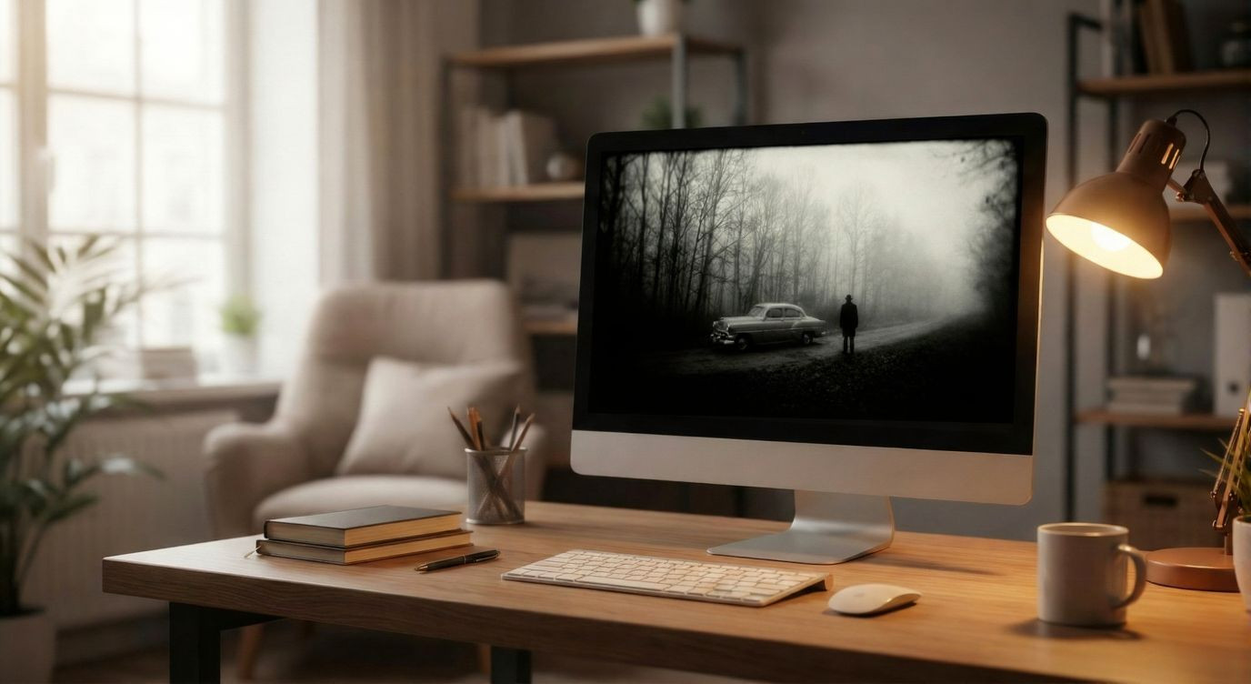 Vintage Car Foggy Forest Noir Mystery Man B&W Photo Digital Download Printable