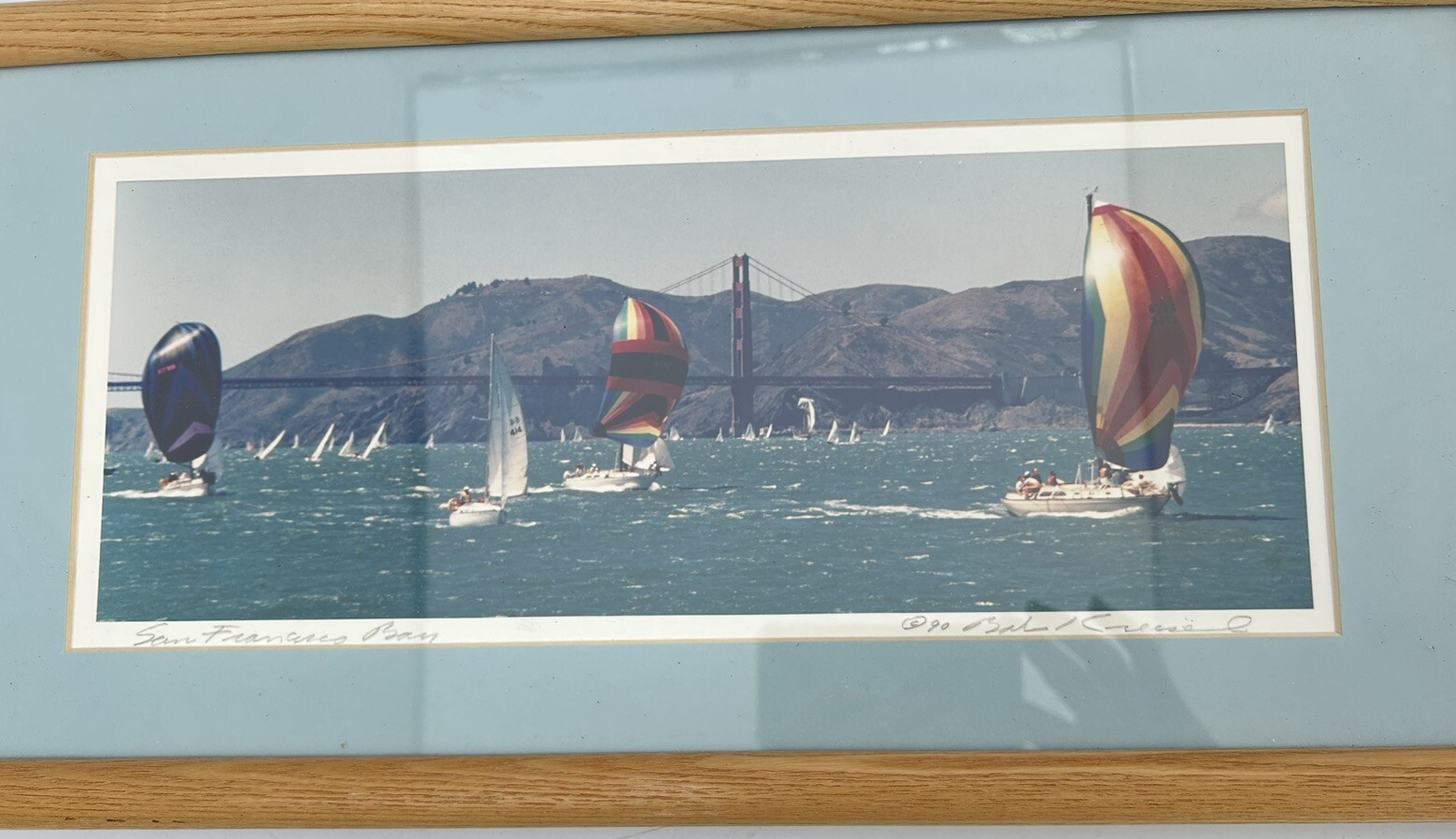 Framed Signed Photograph 1990 San Francisco Bay Bridge Sailboats Boats 20″ x 10″