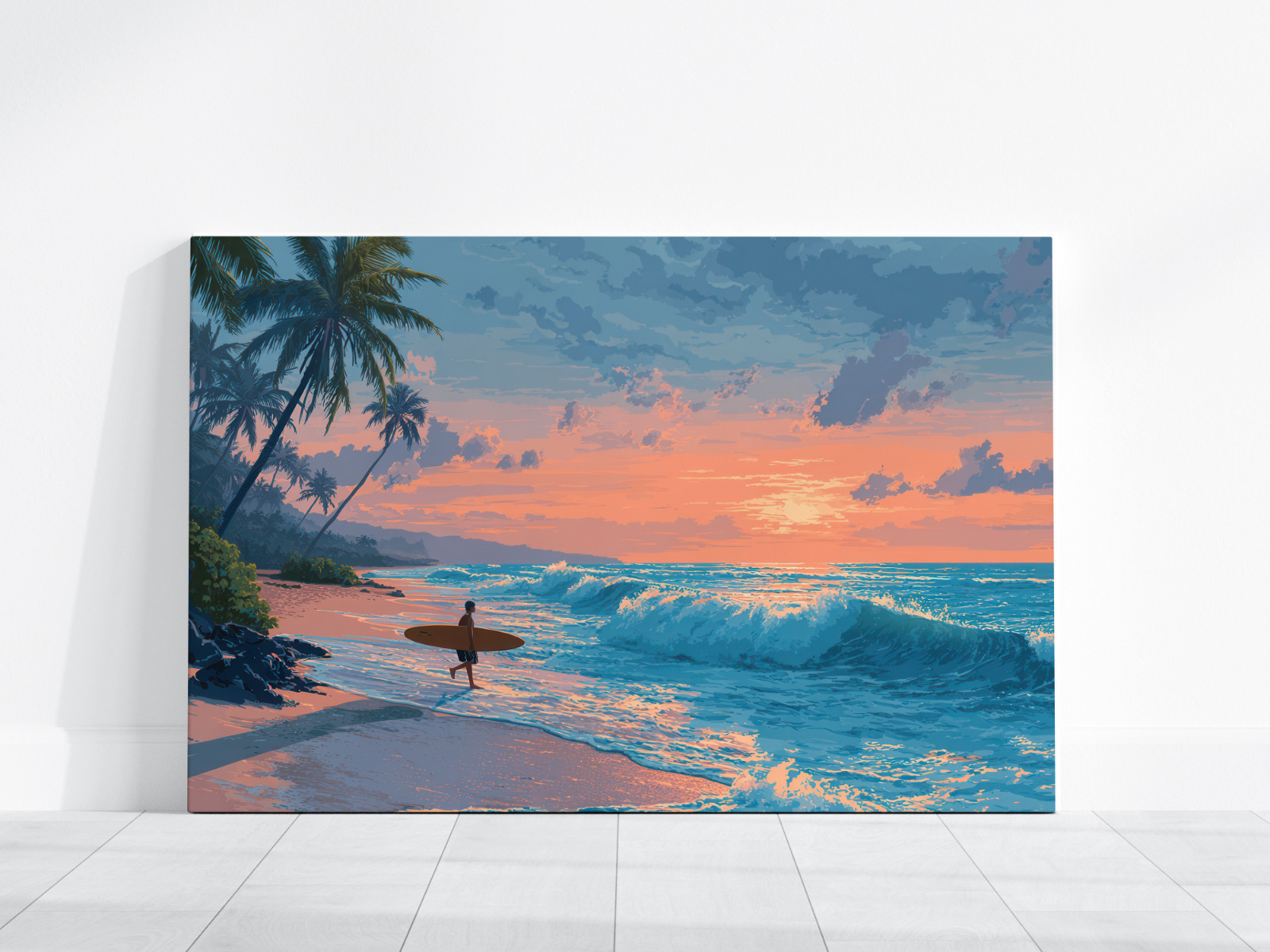 Tropical Surfer Beach Sunset Painting, Ocean Waves Canvas Print Coastal Seascape