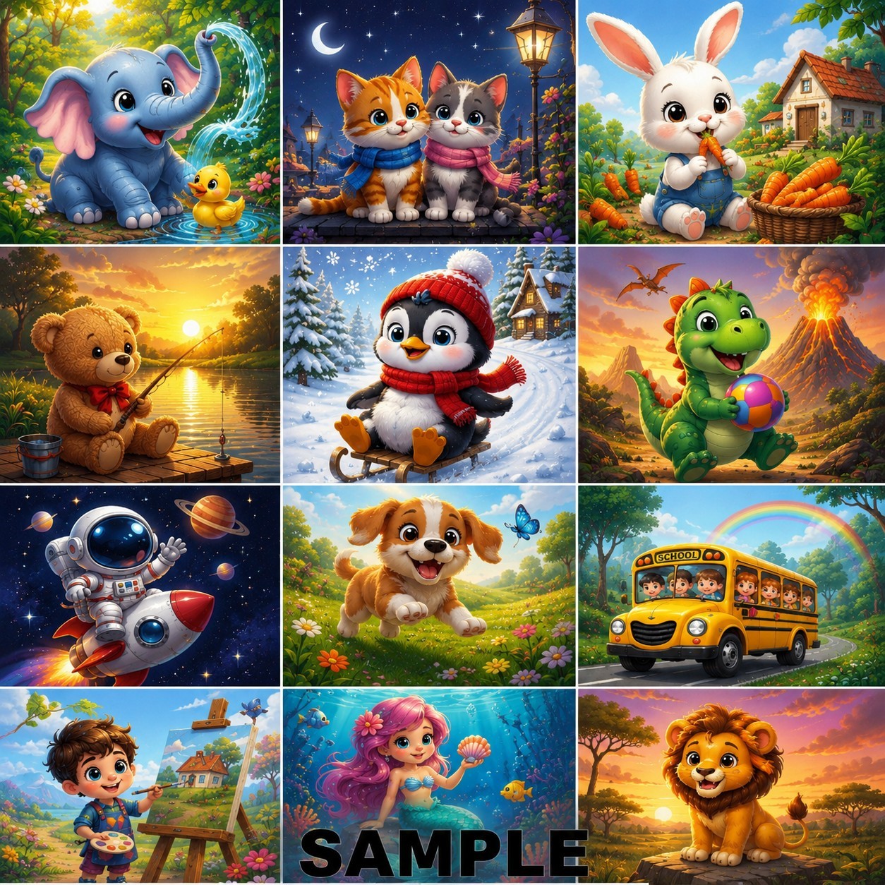 Cute Cartoon Animals | Kids Digital Art | Instant Download | Printable Image