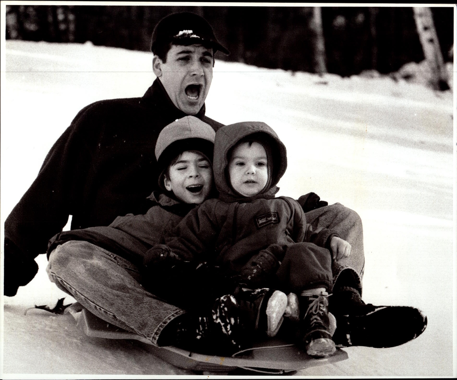 Vintage Press Photograph Winter Sledding Fun Family Outdoor Adventure 1992