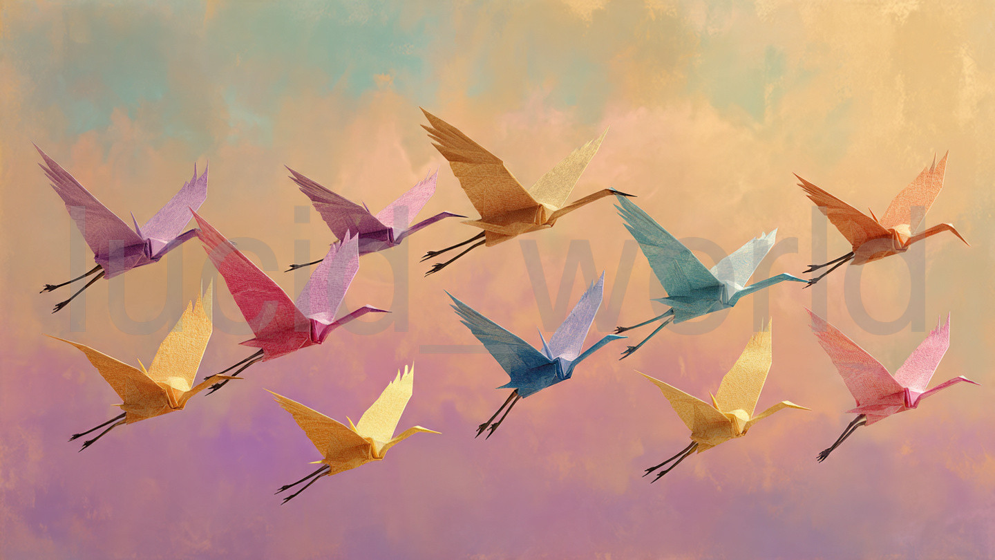 Flying Origami Cranes Digital Image Download Colorful Japanese Paper Art 4K PNG