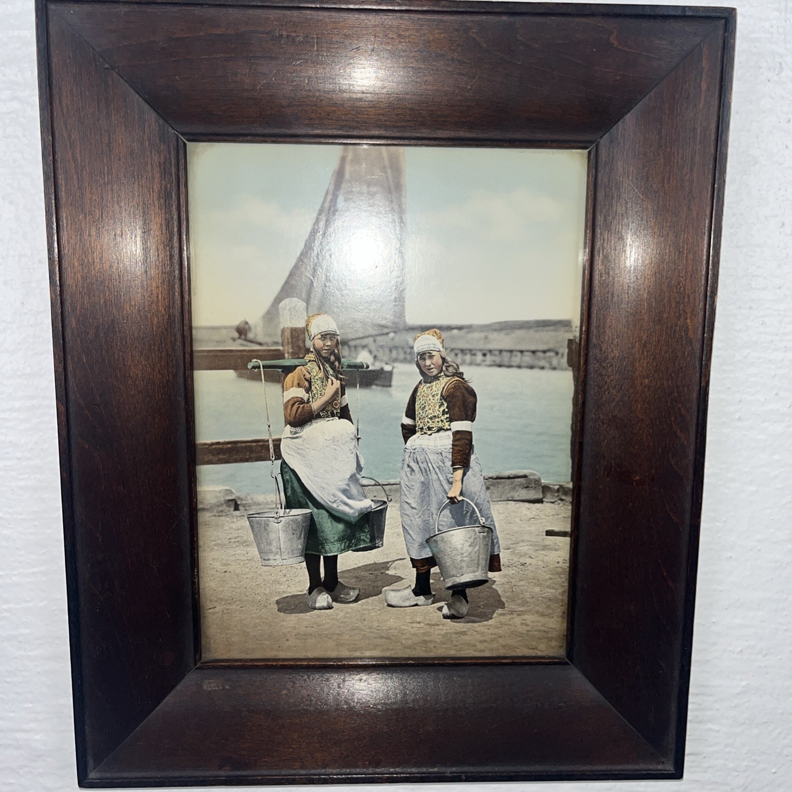 Antique Photochrom Girls Of Marken Island Holland Netherlands Heavy Wood Frame