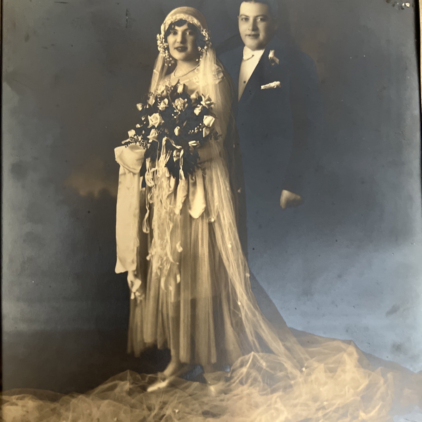 Large Vintage Wedding Photo in Original Studio Mount 1930s-1940s DiMarco Studio