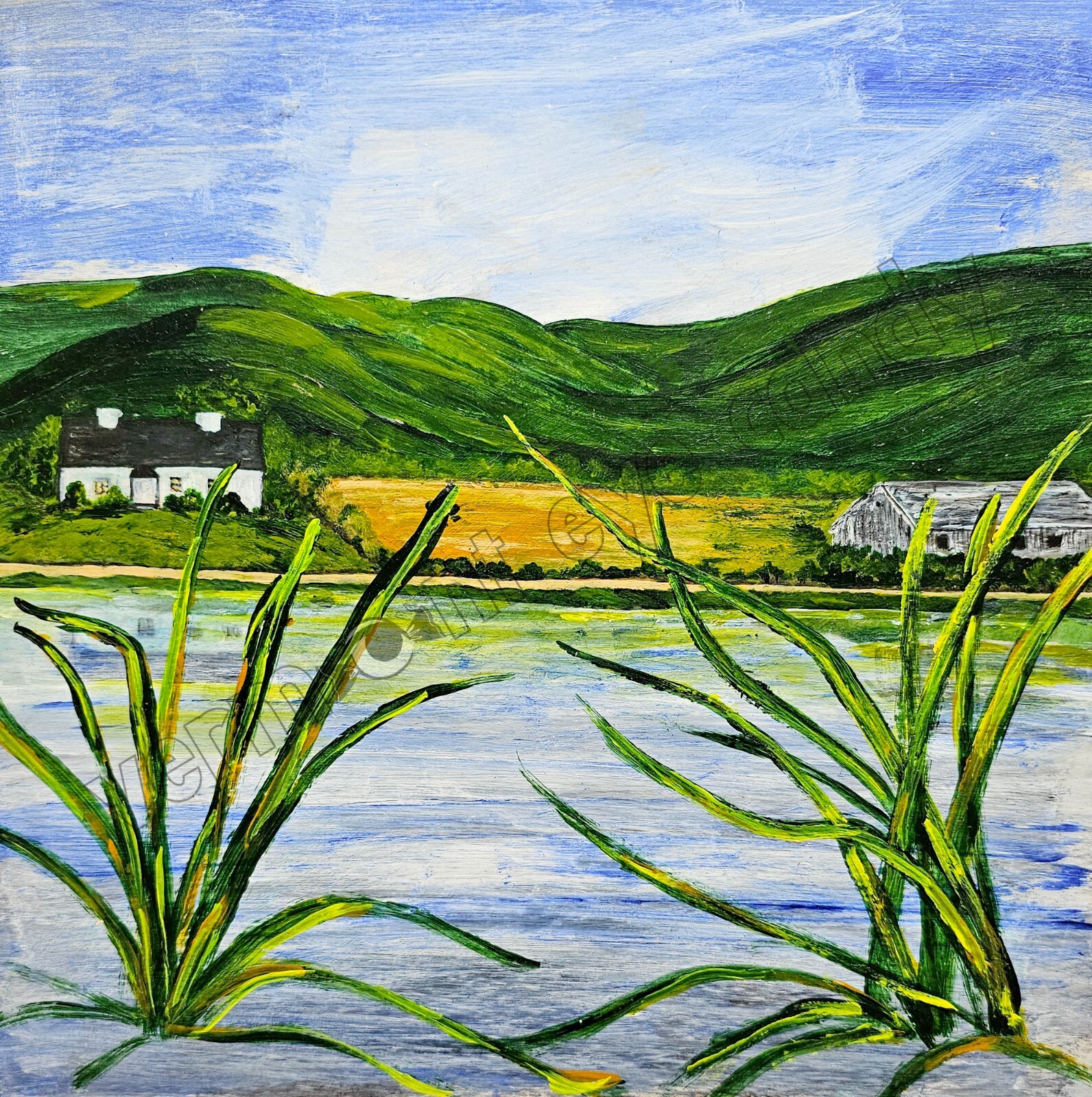 Lake Lakehouse Green Hills Blue Sky Art DIGITAL DOWNLOAD Soothing Landscape