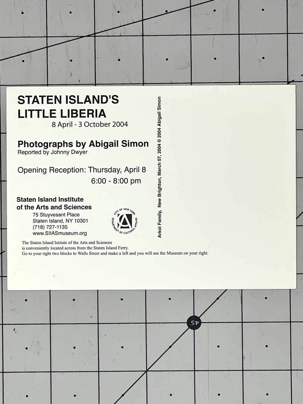 STATEN ISLAND’S LITTLE LIBERIA – Abigail Simon Art Announcement Card 2004