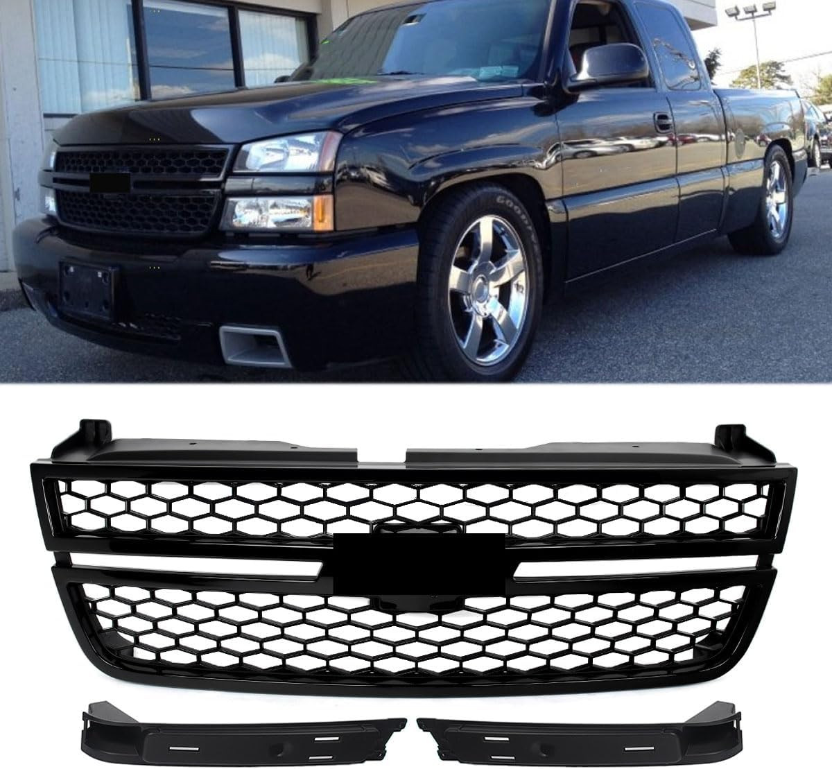 Gloss Black Front Upper Grill Compatible with 2003-2007 Chevy Silverado 1500 250