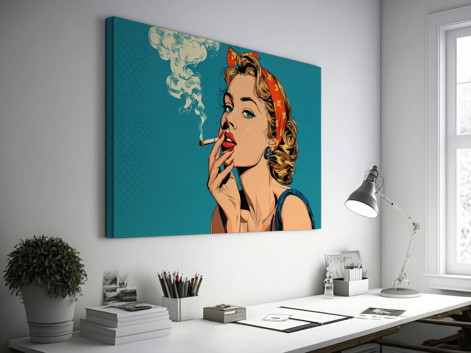 Retro Pop Art Woman Smoking, Vintage Comic Print, Stylish Red Lipstick Painting