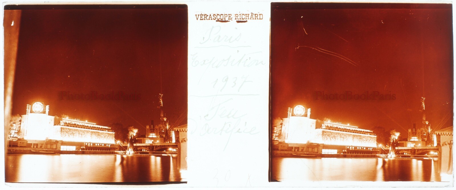 France Paris 1937 World Expo Fireworks CGT Photo Stereo Plate