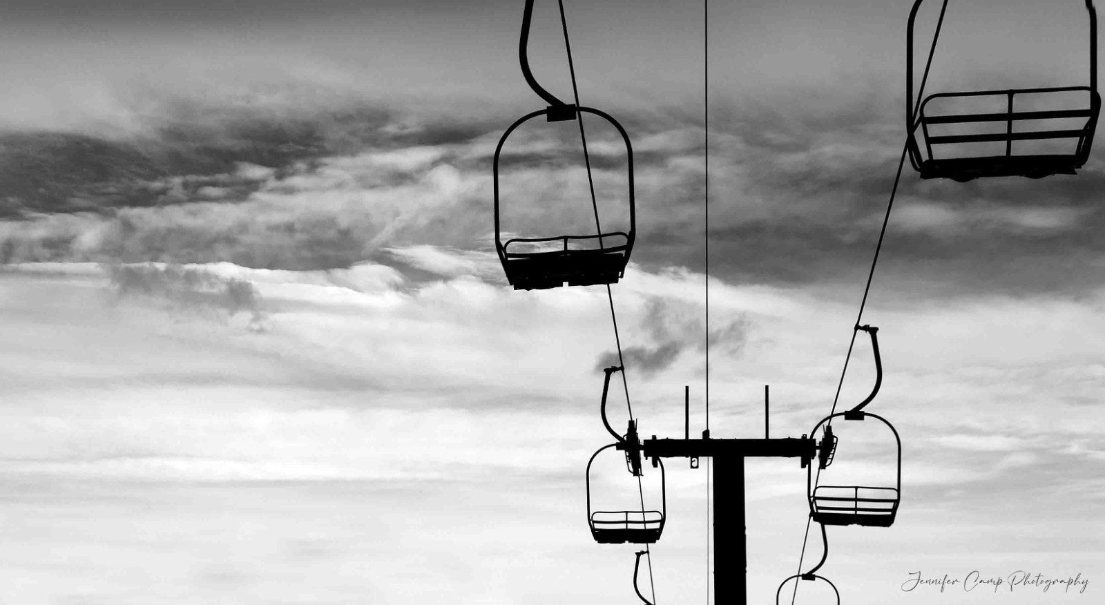 Silhouette Ski Lift Skiing Snowboard Black & White Photography Art Print