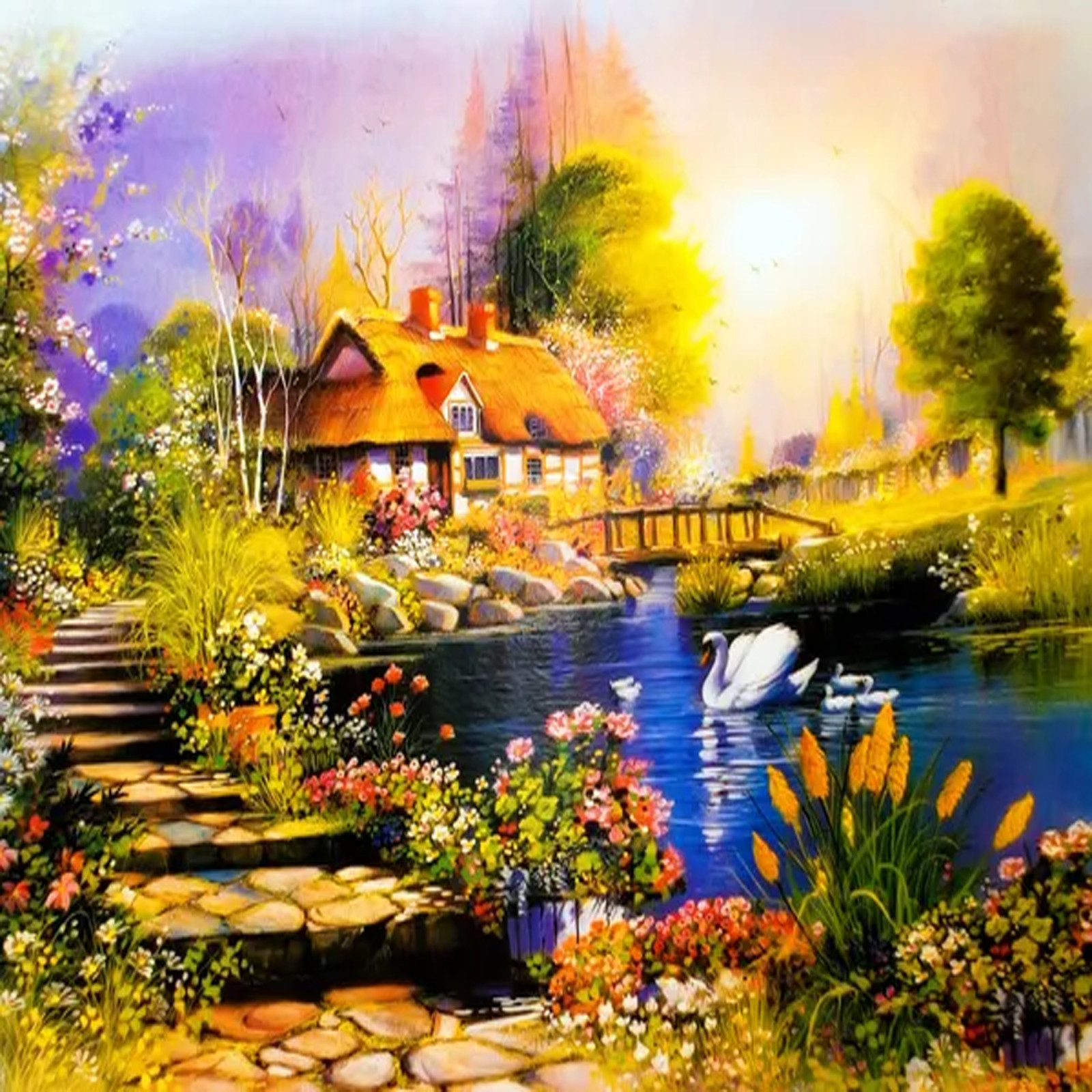 Digital Image Picture Vibrant Fairytale Cottage & Swan Lake Landscape Art