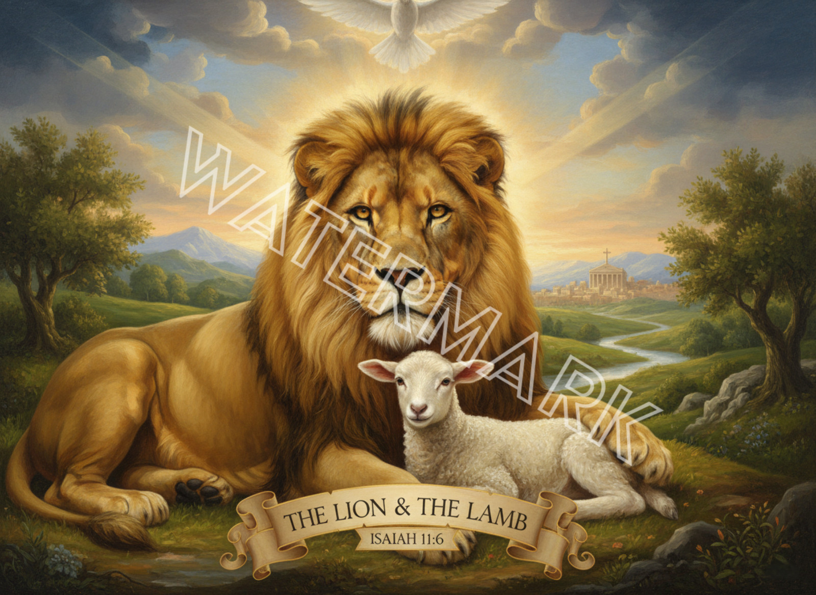 Digital Image Picture Photo Lion and Lamb with Dove Wallpaper Desktop AI Art